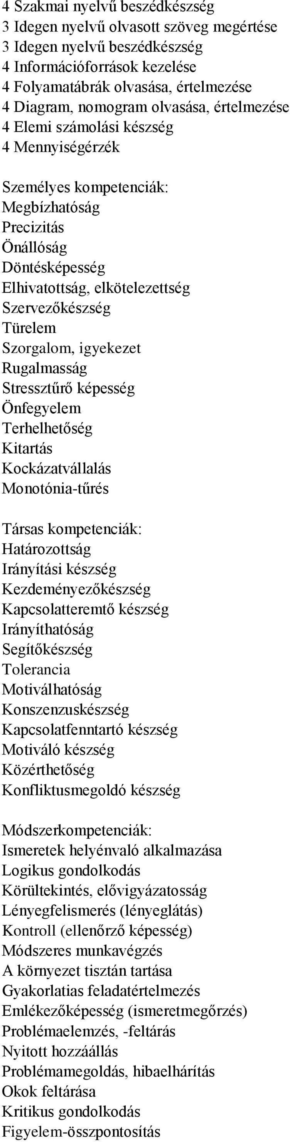 Szorgalom, igyekezet Rugalmasság Stressztűrő képesség Önfegyelem Terhelhetőség Kitartás Kockázatvállalás Monotónia-tűrés Társas kompetenciák: Határozottság Irányítási készség Kezdeményezőkészség