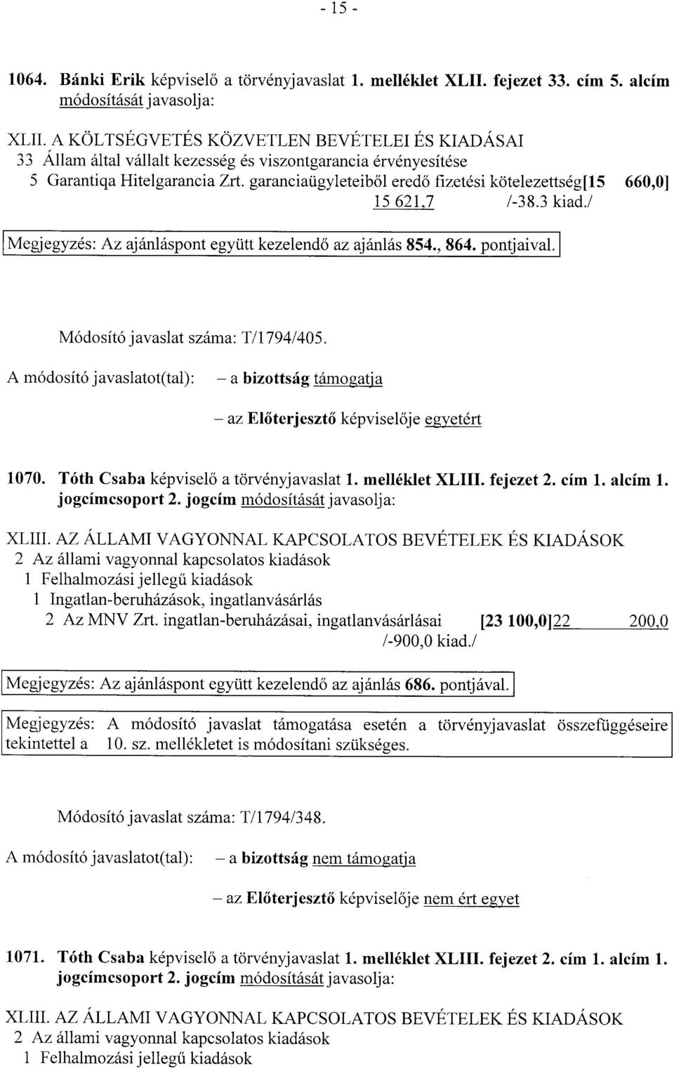 garanciaügyleteib ől ered ő fizetési kötelezettség[15 660,0] 15 621,7 /-38.3 kiad./ Megjegyzés: Az ajánláspont együtt kezelendő az ajánlás 854., 864. pontjaival. Módosító javaslat száma : T/1794/405.