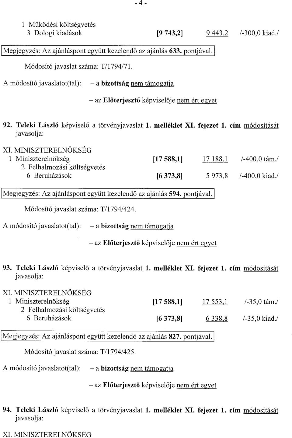 cím módosítását javasolja : XI. MINISZTERELNÖKSÉ G 1 Miniszterelnökség 2 Felhalmozási költségveté s 6 Beruházások [17 588,1] 17 188,1 /-400,0 -lám./ [6 373,8] 5 973,8 /-400,0 kiad.