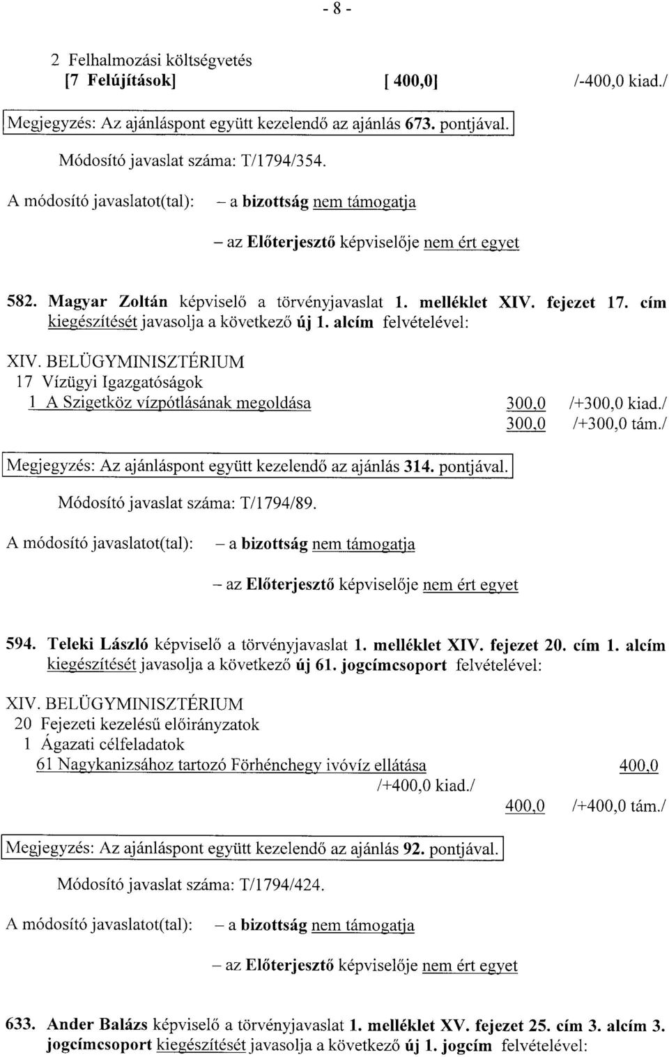 BELÜGYMINISZTÉRIUM 17 Vízügyi Igazgatóságo k 1 A Szigetköz vízpótlásának megoldása 300,0 1+300,0 kiad./ 300,0 1+300,0 tárni Megjegyzés: Az ajánláspont együtt kezelendő az ajánlás 314. pontjával.