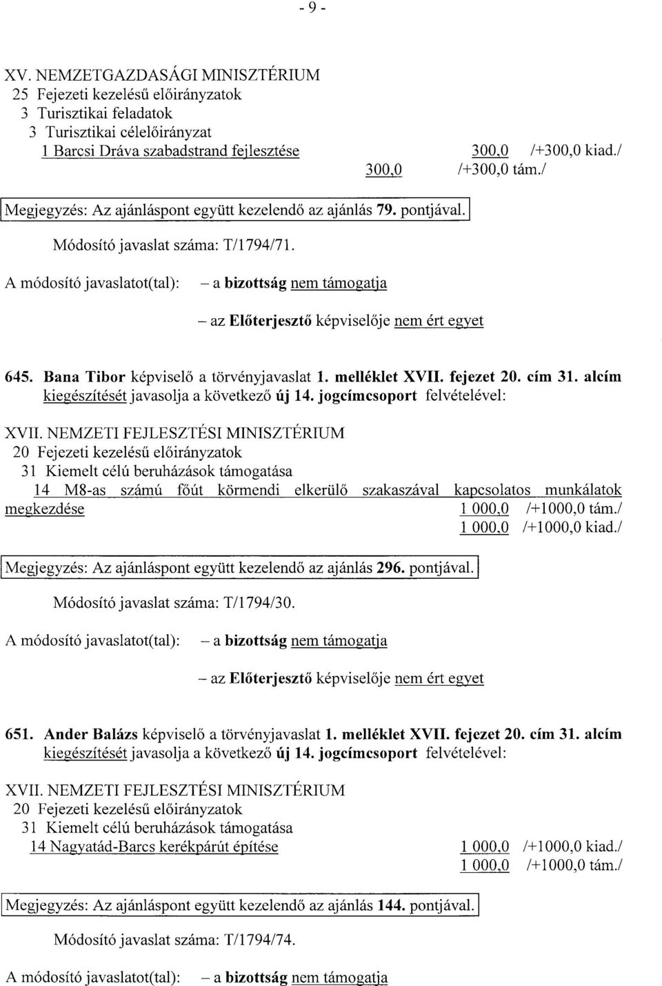 A módosító javaslatot(tal): a bizottság nem támogatja az Előterjesztő képviselője nem ért egye t 645. Bana Tibor képvisel ő a törvényjavaslat 1. melléklet XVII. fejezet 20. cím 31.