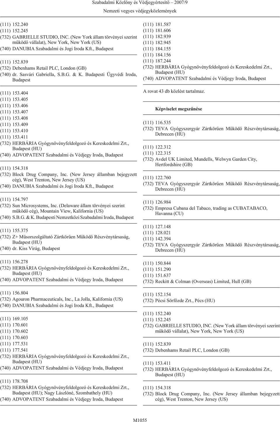 797 (732) Sun Microsystems, Inc. (Delaware állam törvényei szerint mûködõ cég), Mountain View, Kalifornia (US) (740) S.B.G. & K. i Nemzetközi Szabadalmi Iroda, (111) 155.