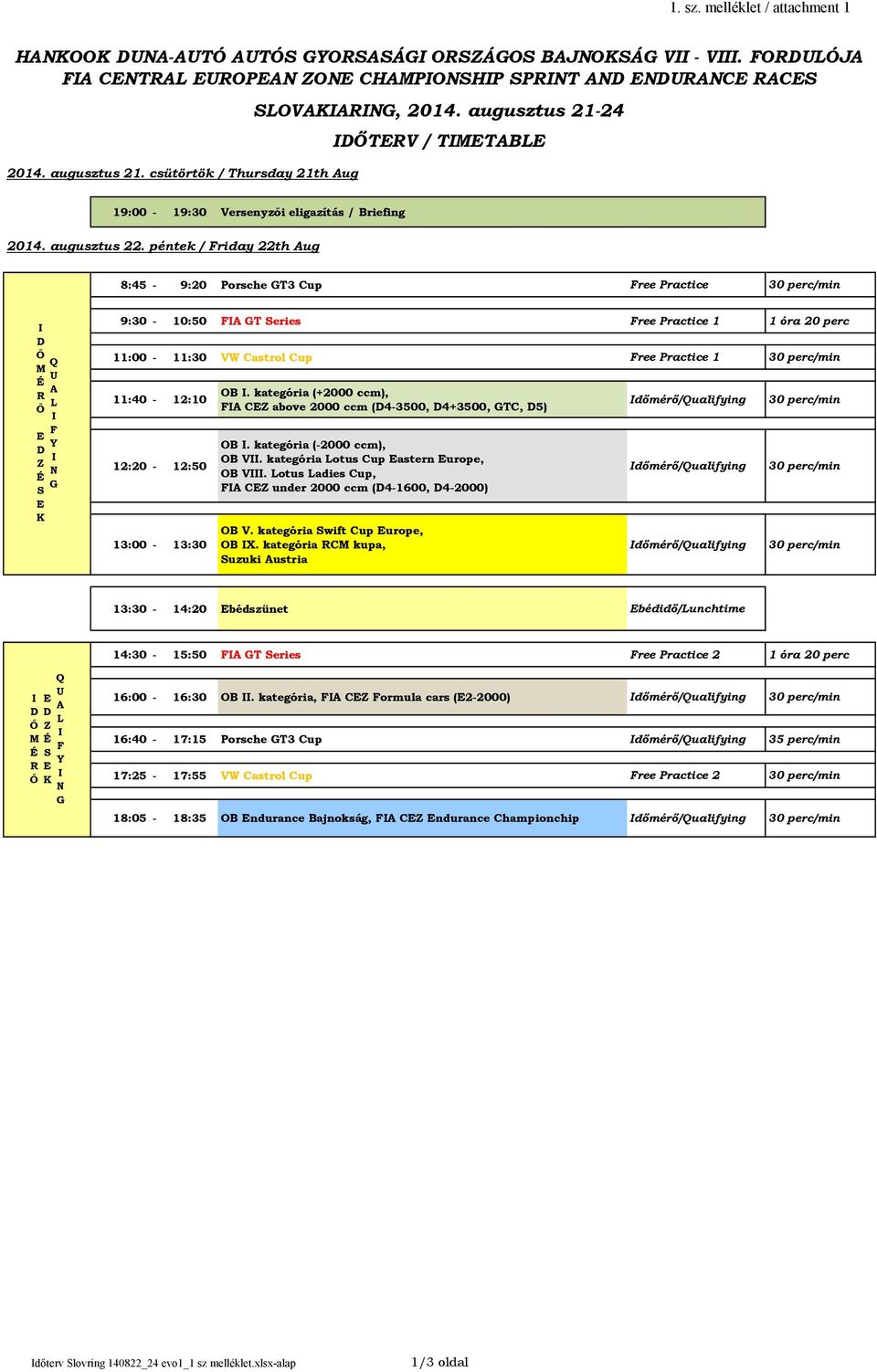 péntek / riday 22th ug 8:45-9:20 orsche GT3 up ree ractice M Q U L G 9:30-10:50 GT eries ree ractice 1 1 óra 20 perc 11:00-11:30 W astrol up ree ractice 1 11:40-12:10 12:20-12:50 13:00-13:30 OB.