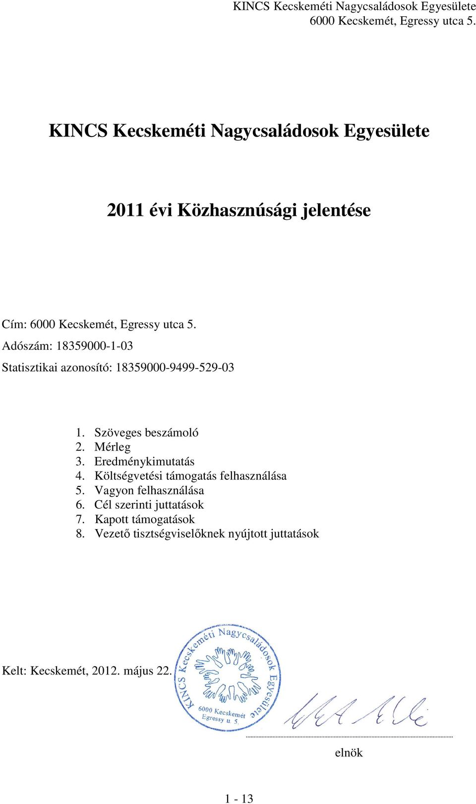 Eredménykimutatás 4. Költségvetési támogatás felhasználása 5. Vagyon felhasználása 6.