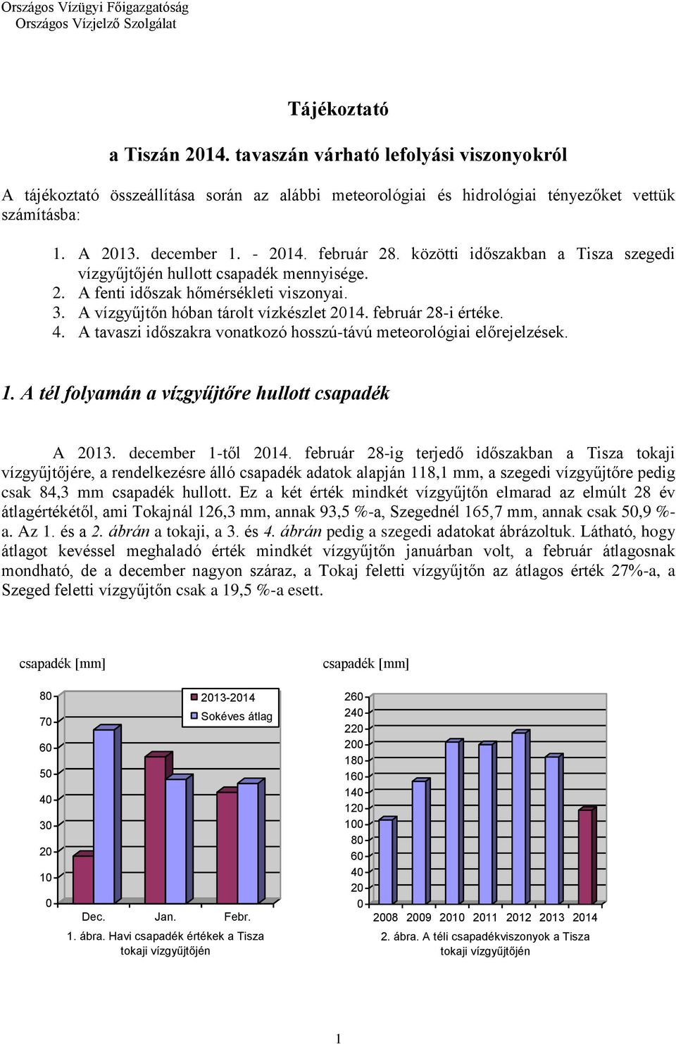 közötti időszakban a Tisza szegedi vízgyűjtőjén hullott csapadék mennyisége. 2. A fenti időszak hőmérsékleti viszonyai. 3. A vízgyűjtőn hóban tárolt vízkészlet 214. február 28-i értéke. 4.