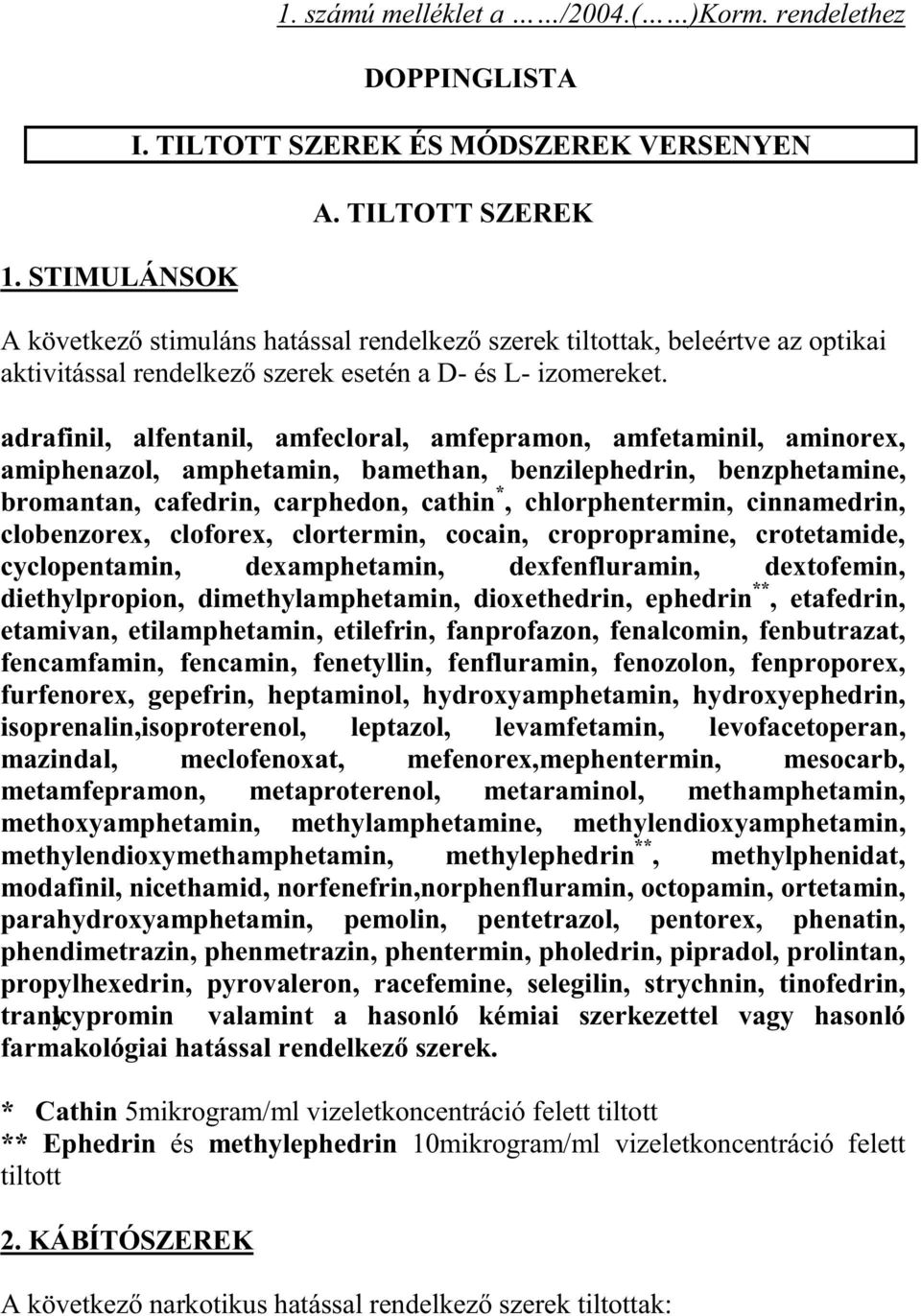 adrafinil, alfentanil, amfecloral, amfepramon, amfetaminil, aminorex, amiphenazol, amphetamin, bamethan, benzilephedrin, benzphetamine, bromantan, cafedrin, carphedon, cathin *, chlorphentermin,