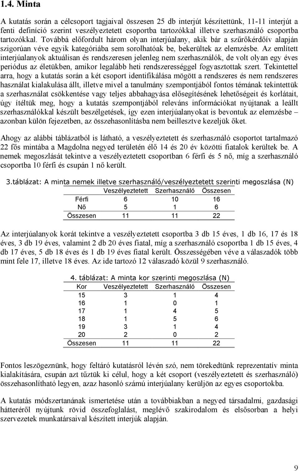 Az említett interjúalanyok aktuálisan és rendszeresen jelenleg nem szerhasználók, de volt olyan egy éves periódus az életükben, amikor legalább heti rendszerességgel fogyasztottak szert.