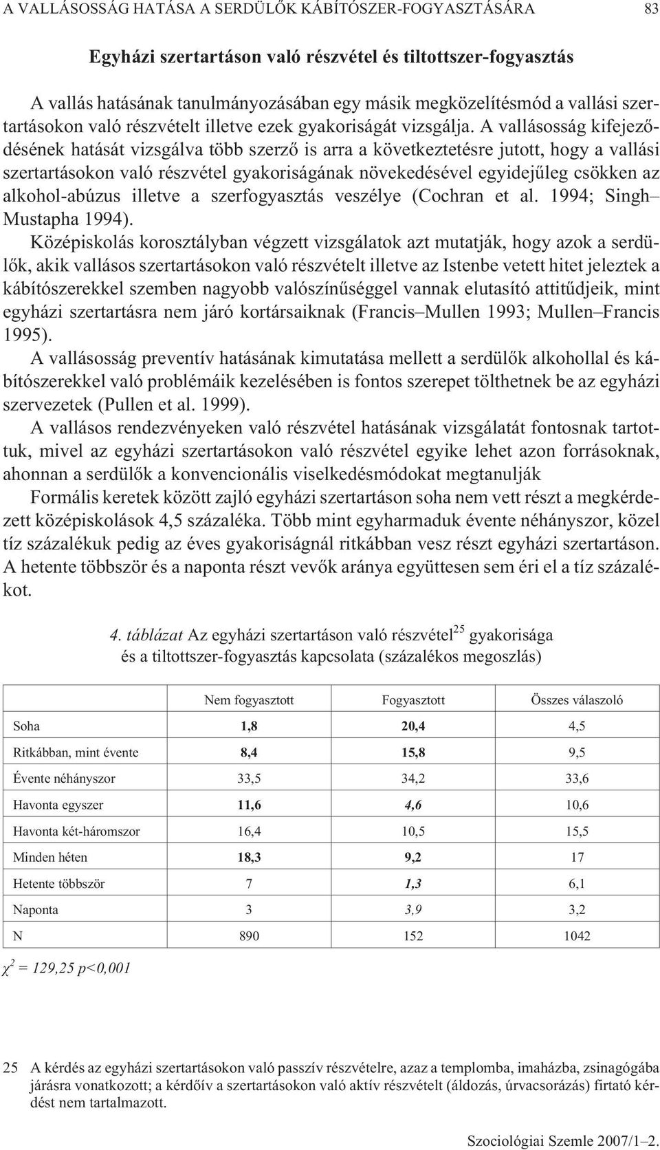 A vallásosság kifejezõdésének hatását vizsgálva több szerzõ is arra a következtetésre jutott, hogy a vallási szertartásokon való részvétel gyakoriságának növekedésével egyidejûleg csökken az