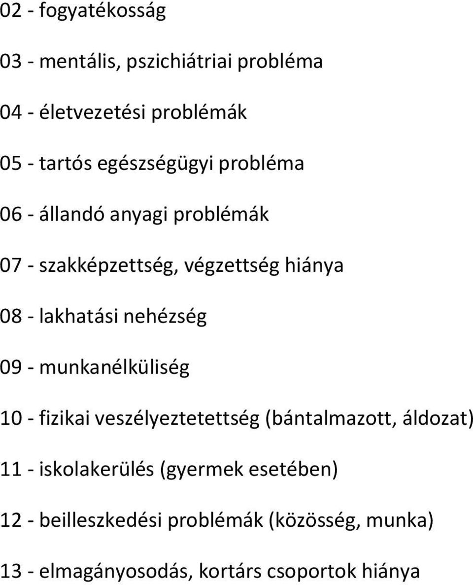 lakhatási nehézség 09 - munkanélküliség 10 - fizikai veszélyeztetettség (bántalmazott, áldozat) 11 -