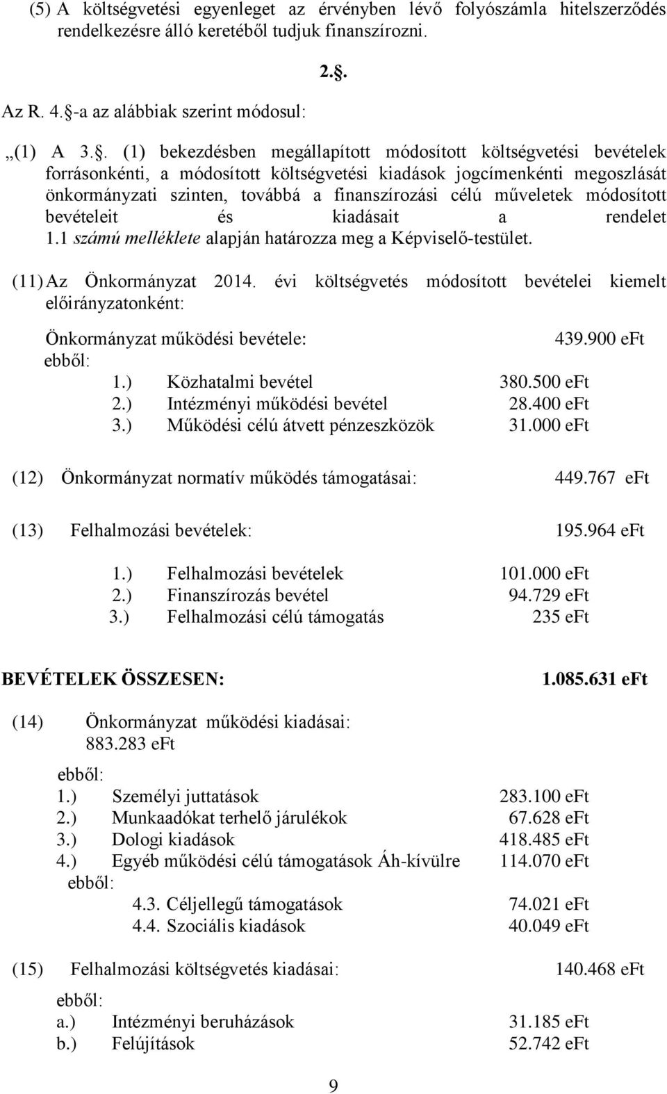 műveletek módosított bevételeit és kiadásait a rendelet 1.1 számú melléklete alapján határozza meg a Képviselő-testület. (11) Az Önkormányzat 2014.