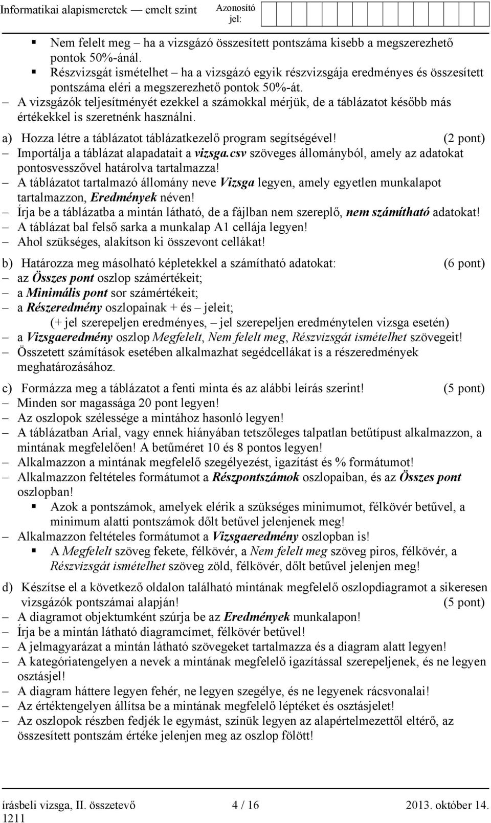 A vizsgázók teljesítményét ezekkel a számokkal mérjük, de a táblázatot később más értékekkel is szeretnénk használni. a) Hozza létre a táblázatot táblázatkezelő program segítségével!