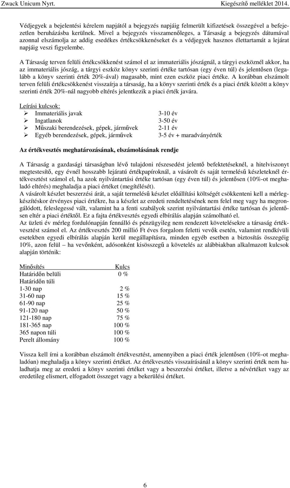 A Társaság terven felüli értékcsökkenést számol el az immateriális jószágnál, a tárgyi eszköznél akkor, ha az immateriális jószág, a tárgyi eszköz könyv szerinti értéke tartósan (egy éven túl) és