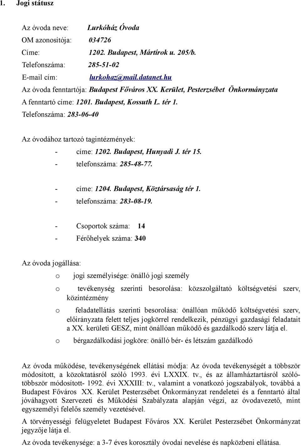 Telefonszáma: 283-06-40 Az óvodához tartozó tagintézmények: - címe: 1202. Budapest, Hunyadi J. tér 15. - telefonszáma: 285-48-77. - címe: 1204. Budapest, Köztársaság tér 1. - telefonszáma: 283-08-19.