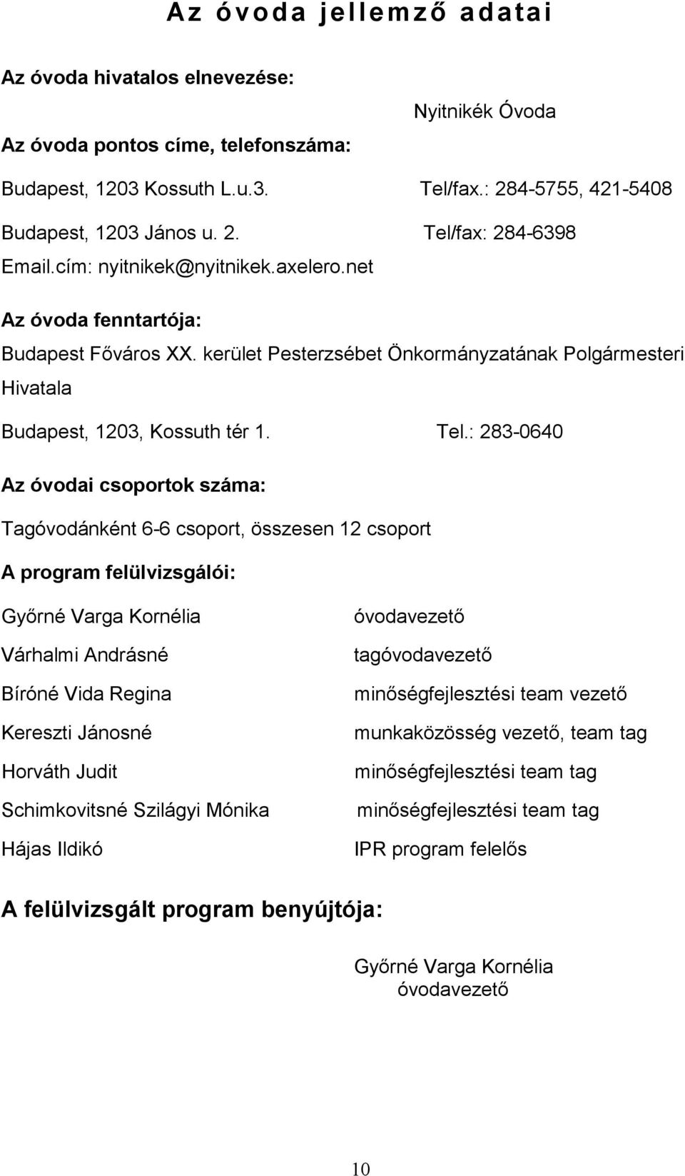 : 283-0640 Az óvodai csoportok száma: Tagóvodánként 6-6 csoport, összesen 12 csoport A program felülvizsgálói: Gyırné Varga Kornélia Várhalmi Andrásné Bíróné Vida Regina Kereszti Jánosné Horváth