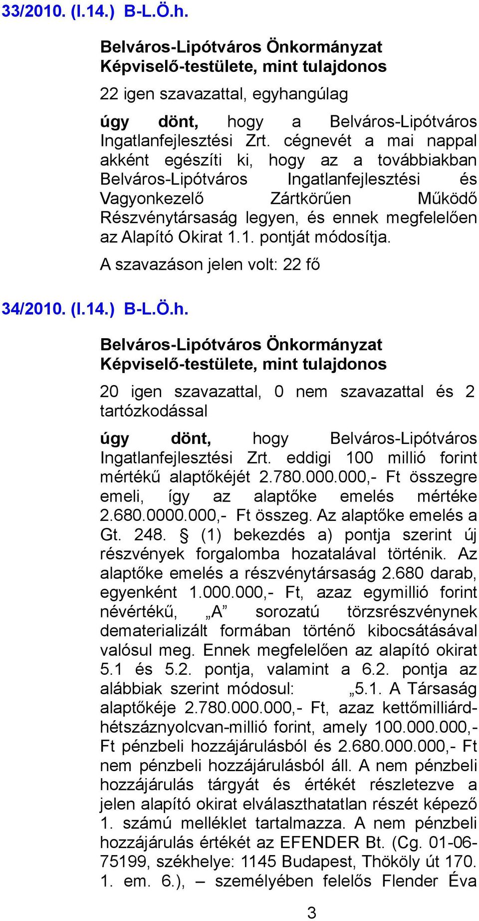 Okirat 1.1. pontját módosítja., mint tulajdonos 20 igen szavazattal, 0 nem szavazattal és 2 tartózkodással Ingatlanfejlesztési Zrt. eddigi 100 millió forint mértékű alaptőkéjét 2.780.000.