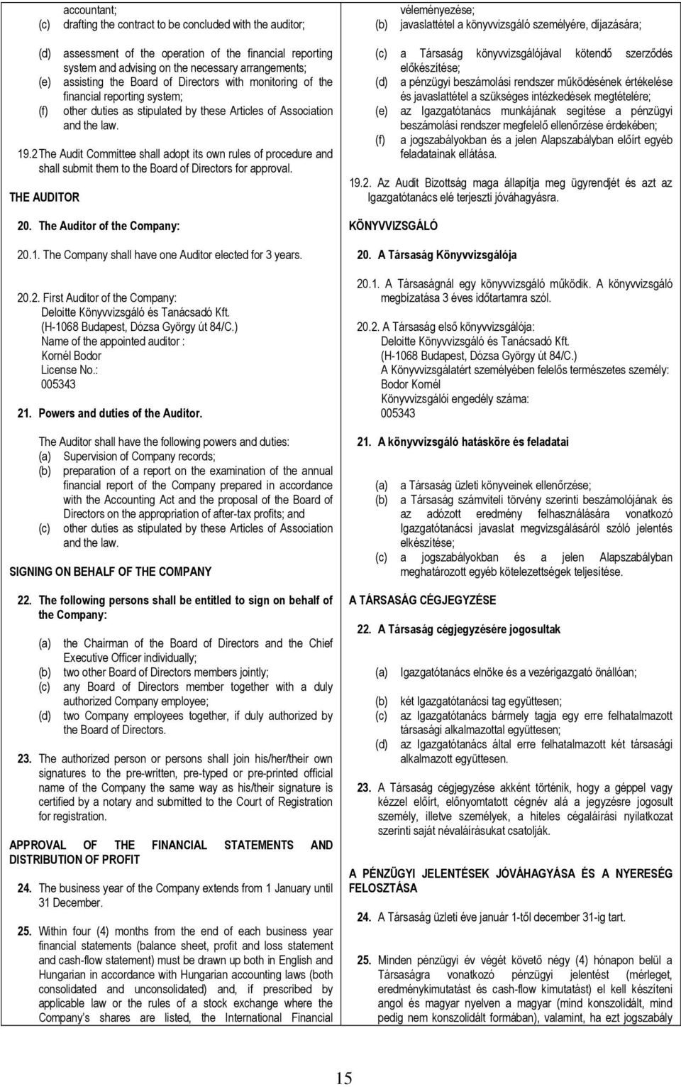 Association and the law. 19.2 The Audit Committee shall adopt its own rules of procedure and shall submit them to the Board of Directors for approval. THE AUDITOR 20. The Auditor of the Company: 20.1. The Company shall have one Auditor elected for 3 years.