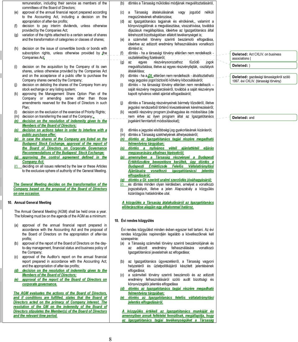 shares and the transformation of categories or classes of shares; (h) decision on the issue of convertible bonds or bonds with subscription rights, unless otherwise provided by the Companies Act; (i)