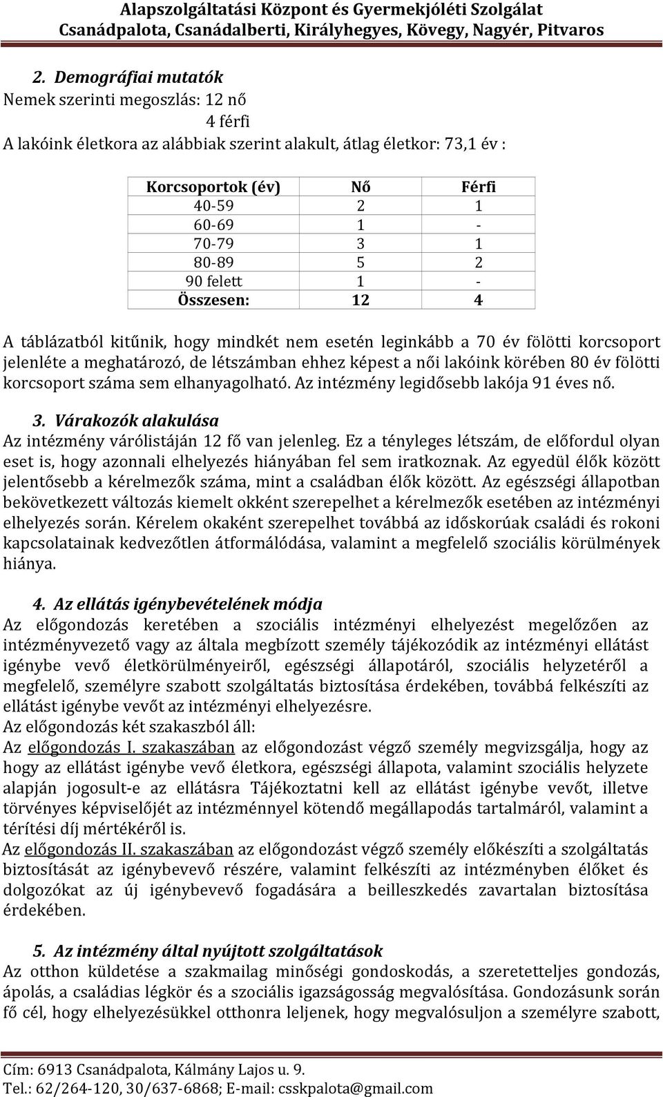 fölötti korcsoport száma sem elhanyagolható. Az intézmény legidősebb lakója 91 éves nő. 3. Várakozók alakulása Az intézmény várólistáján 12 fő van jelenleg.