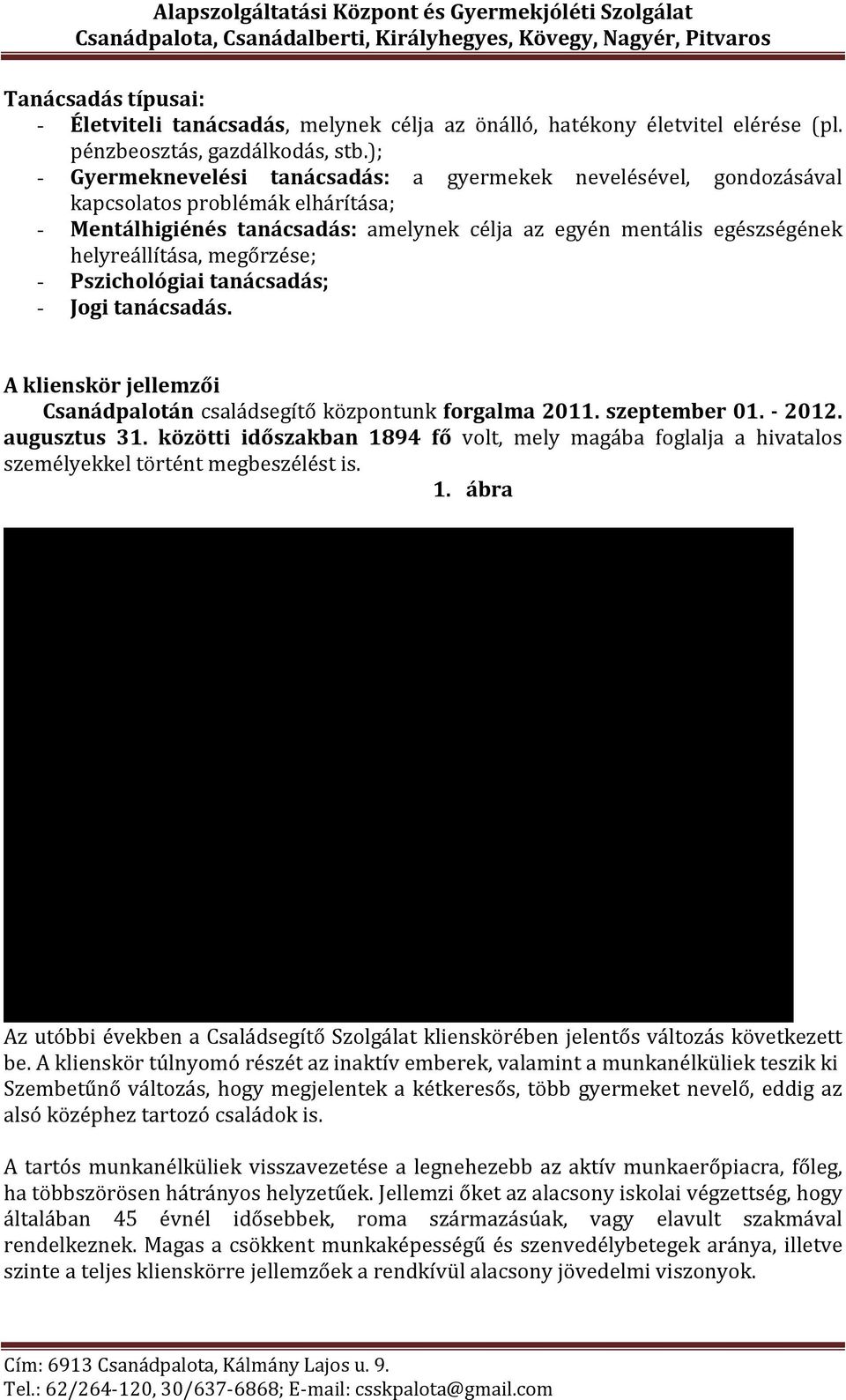 megőrzése; - Pszichológiai tanácsadás; - Jogi tanácsadás. A klienskör jellemzői Csanádpalotán családsegítő központunk forgalma 2011. szeptember 01. - 2012. augusztus 31.