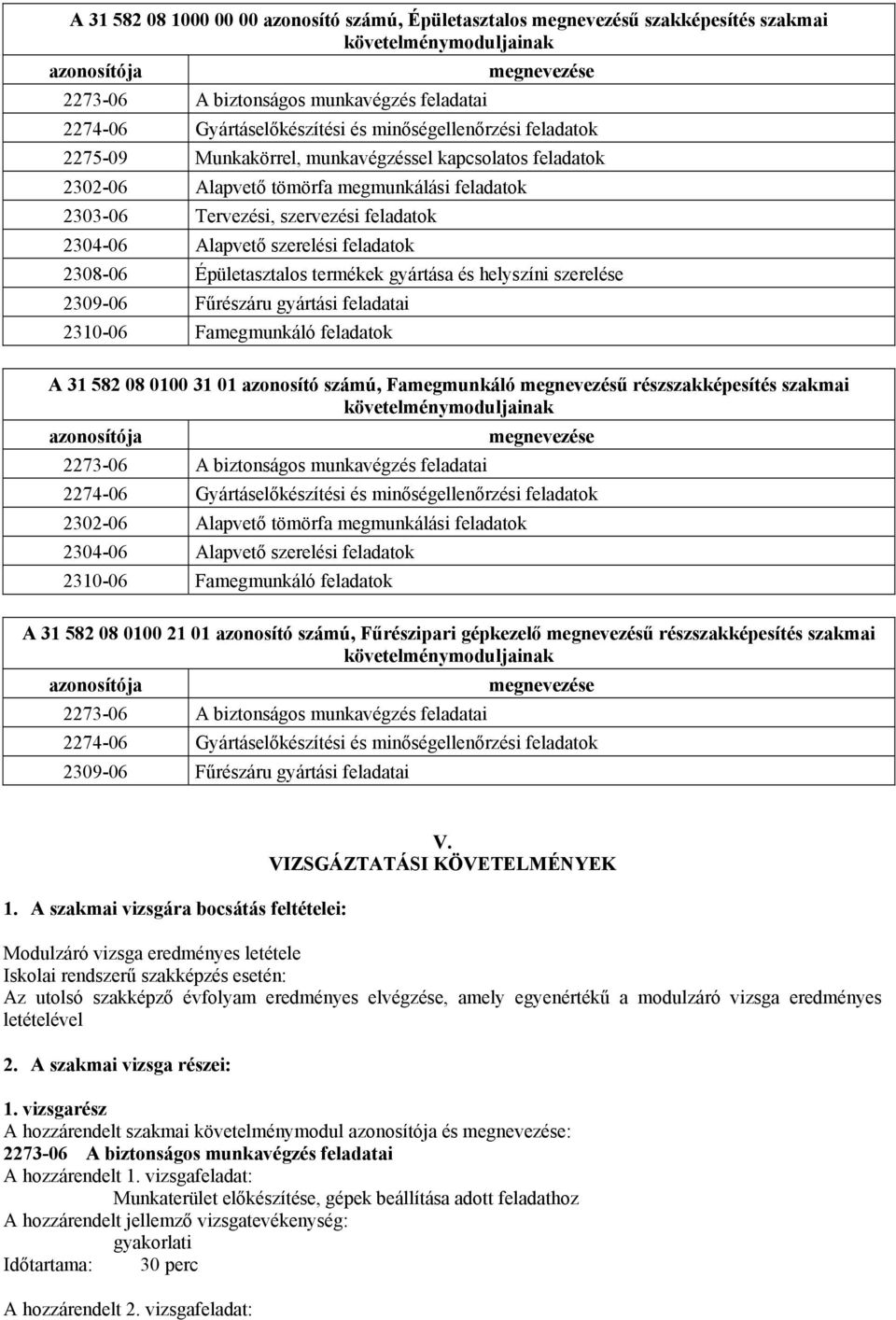 2304-06 Alapvető szerelési feladatok 2308-06 Épületasztalos termékek gyártása és helyszíni szerelése 2309-06 Fűrészáru gyártási feladatai 2310-06 Famegmunkáló feladatok A 31 582 08 0100 31 01