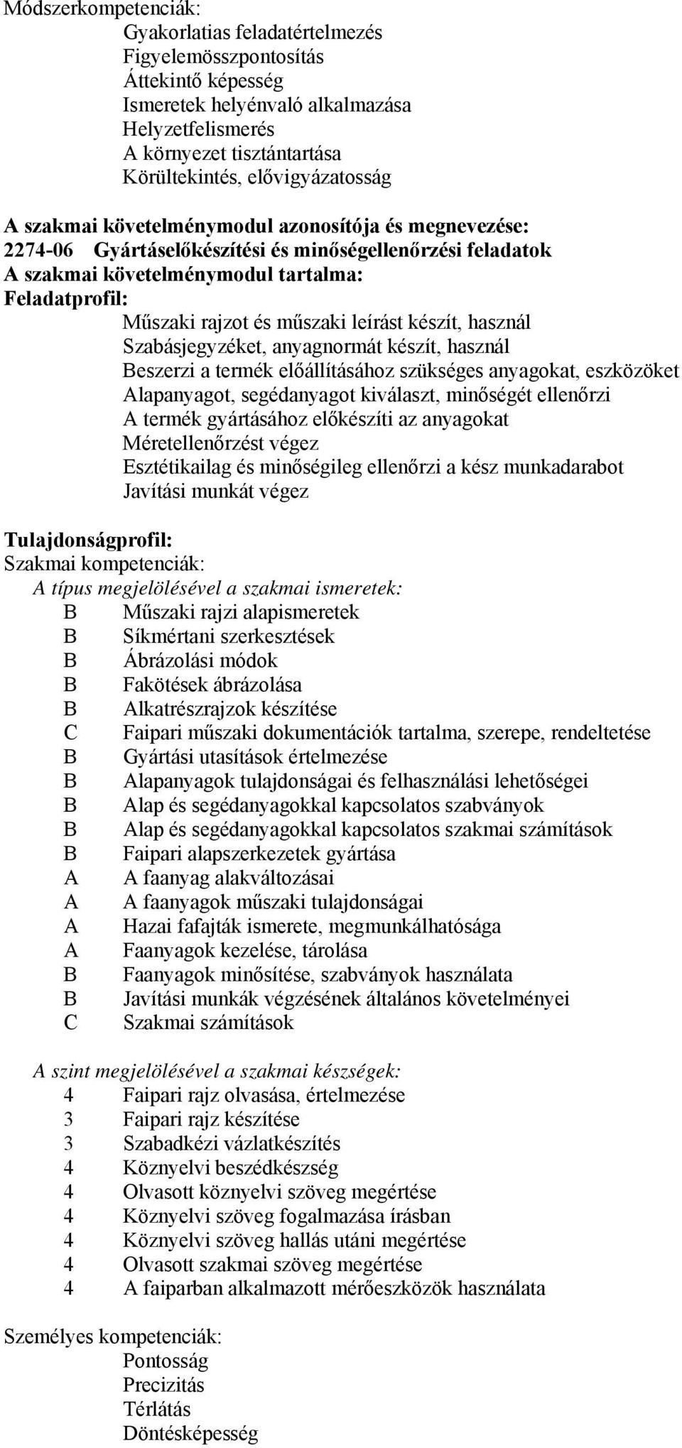 és műszaki leírást készít, használ Szabásjegyzéket, anyagnormát készít, használ eszerzi a termék előállításához szükséges anyagokat, eszközöket Alapanyagot, segédanyagot kiválaszt, minőségét