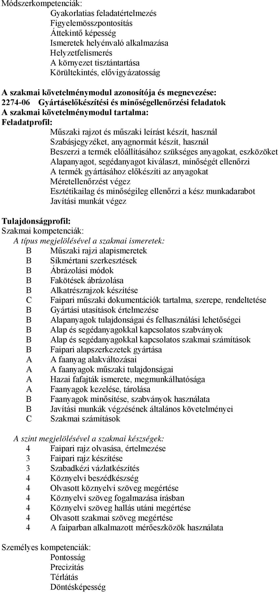 és műszaki leírást készít, használ Szabásjegyzéket, anyagnormát készít, használ eszerzi a termék előállításához szükséges anyagokat, eszközöket Alapanyagot, segédanyagot kiválaszt, minőségét