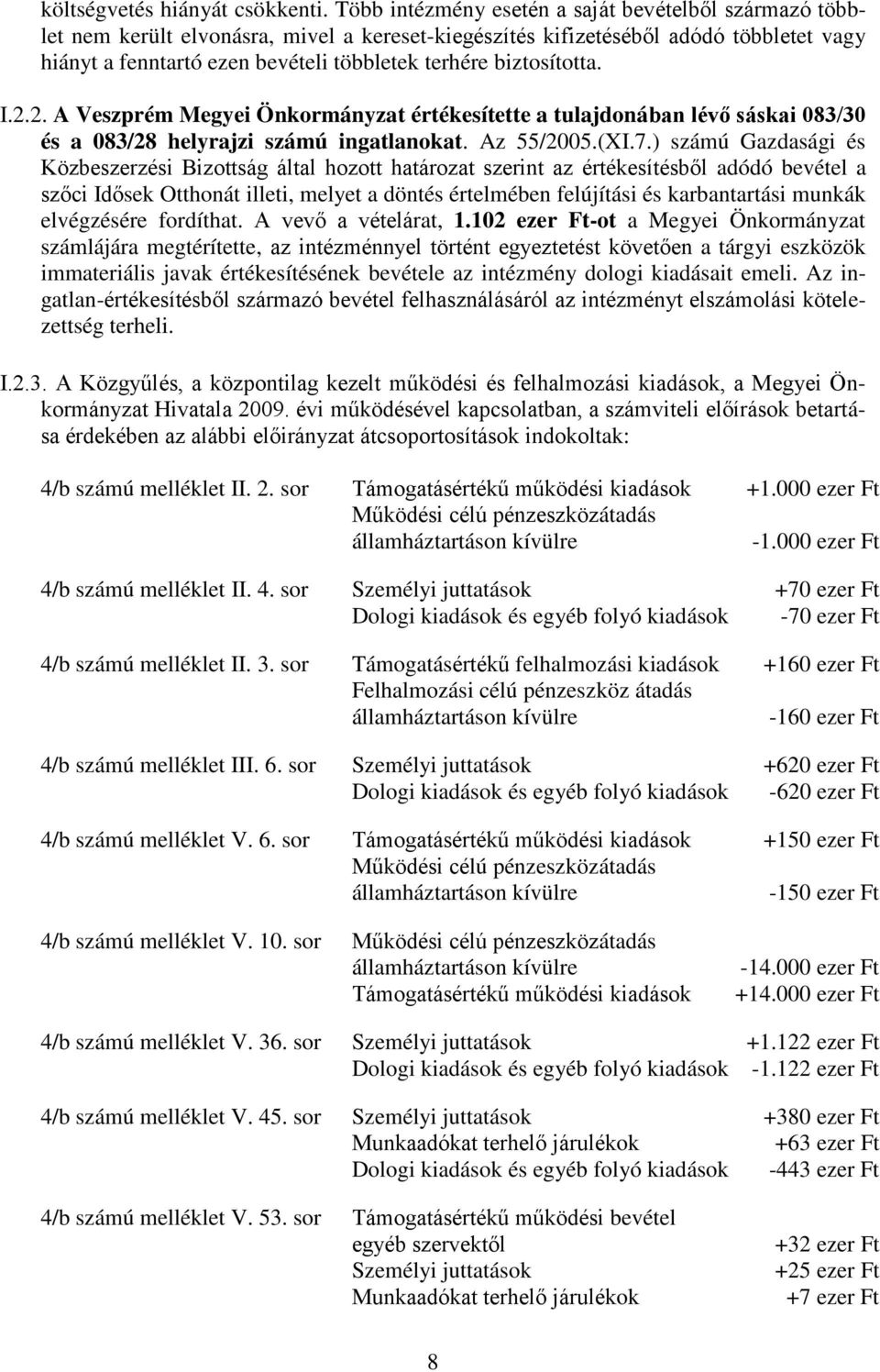 biztosította. I.2.2. A Veszprém Megyei Önkormányzat értékesítette a tulajdonában lévő sáskai 083/30 és a 083/28 helyrajzi számú ingatlanokat. Az 55/2005.(XI.7.