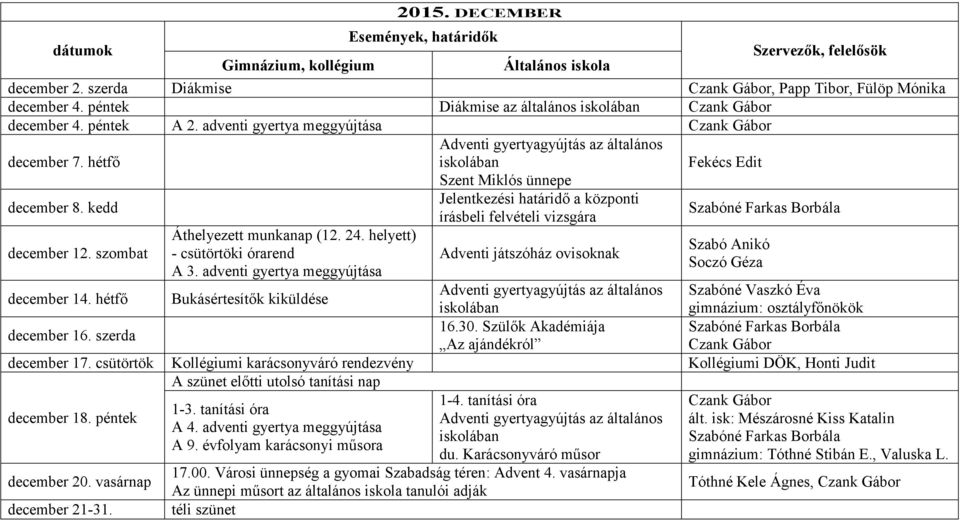 helyett) - csütörtöki órarend A 3.