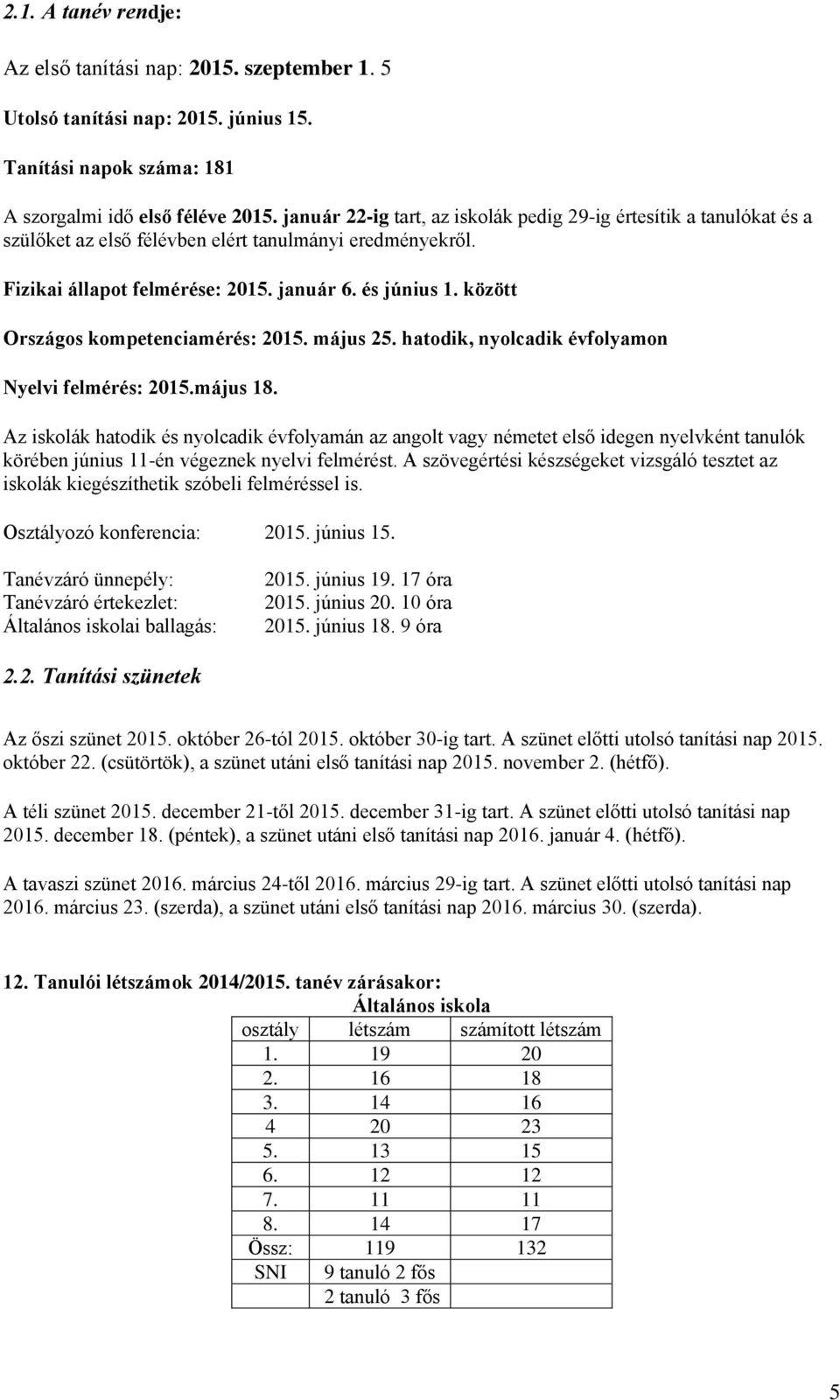 között Országos kompetenciamérés: 2015. május 25. hatodik, nyolcadik évfolyamon Nyelvi felmérés: 2015.május 18.