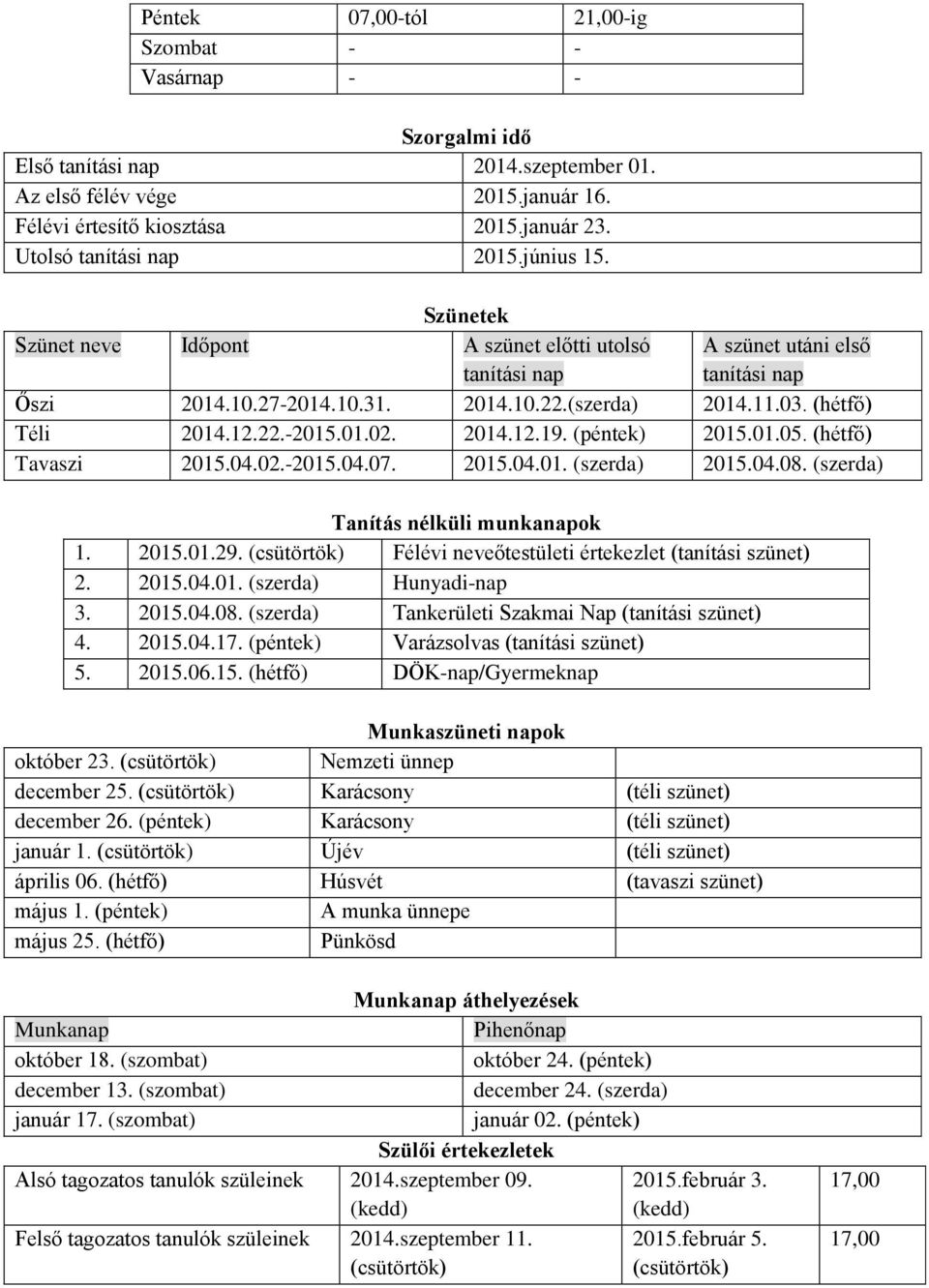 0 (hétfő) Téli 2014.12-2015.01.0 2014.119. (péntek) 2015.01.05. (hétfő) Tavaszi 2015.04.0-2015.04.07. 2015.04.01. (szerda) 2015.04.08. (szerda) Tanítás nélküli munkanapok 1. 2015.01.29.