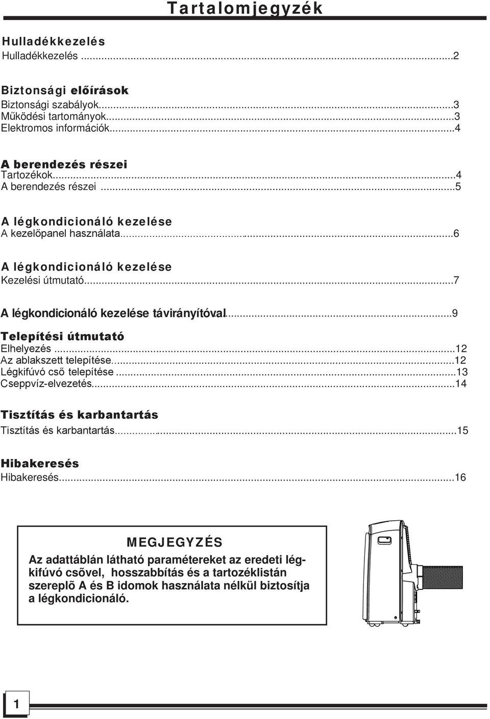 ..9 Telepítési útmutató Elhelyezés...12 Az ablakszett telepítése...12 Légkifúvó cső telepítése...13 Cseppvíz-elvezetés...14 Tisztítás és karbantartás Tisztítás és karbantartás.