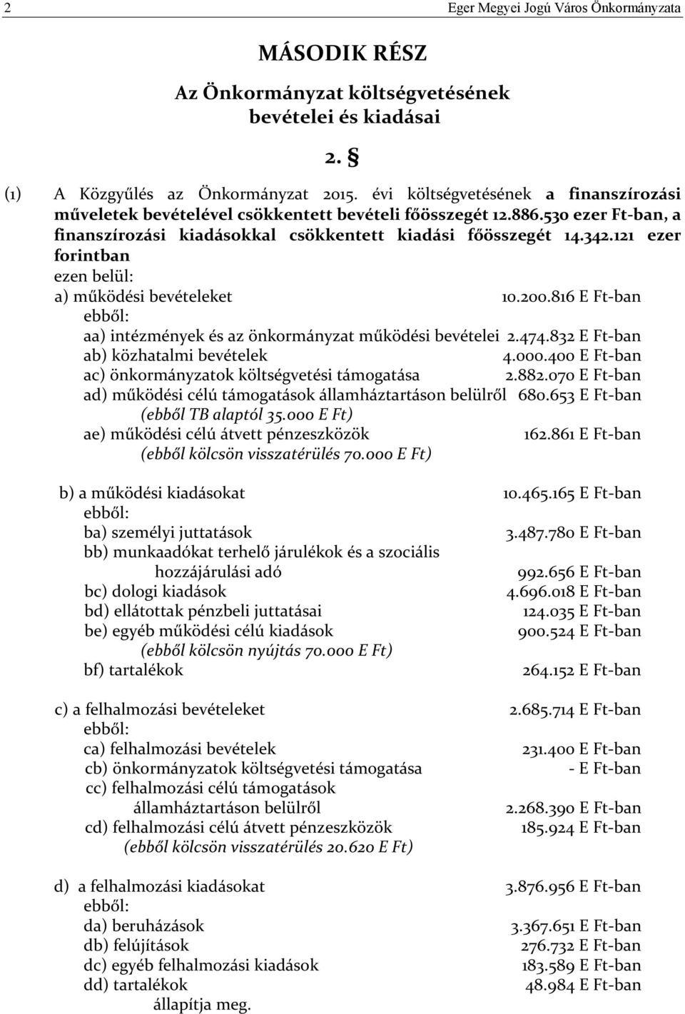 121 ezer forintban ezen belül: a) működési bevételeket 10.200.816 E Ft-ban ebből: aa) intézmények és az önkormányzat működési bevételei 2.474.832 E Ft-ban ab) közhatalmi bevételek 4.000.