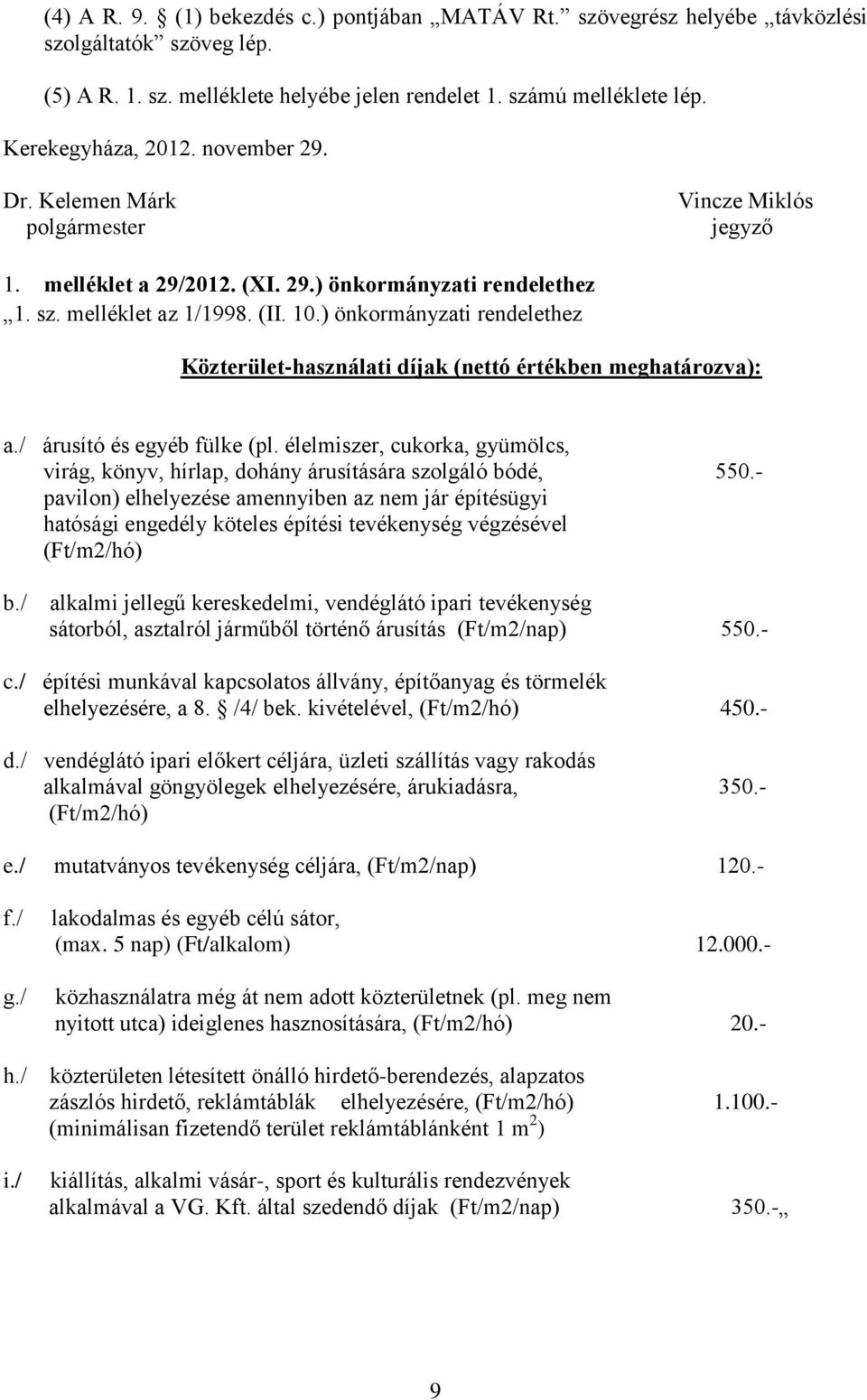 ) önkormányzati rendelethez Közterület-használati díjak (nettó értékben meghatározva): a./ árusító és egyéb fülke (pl.