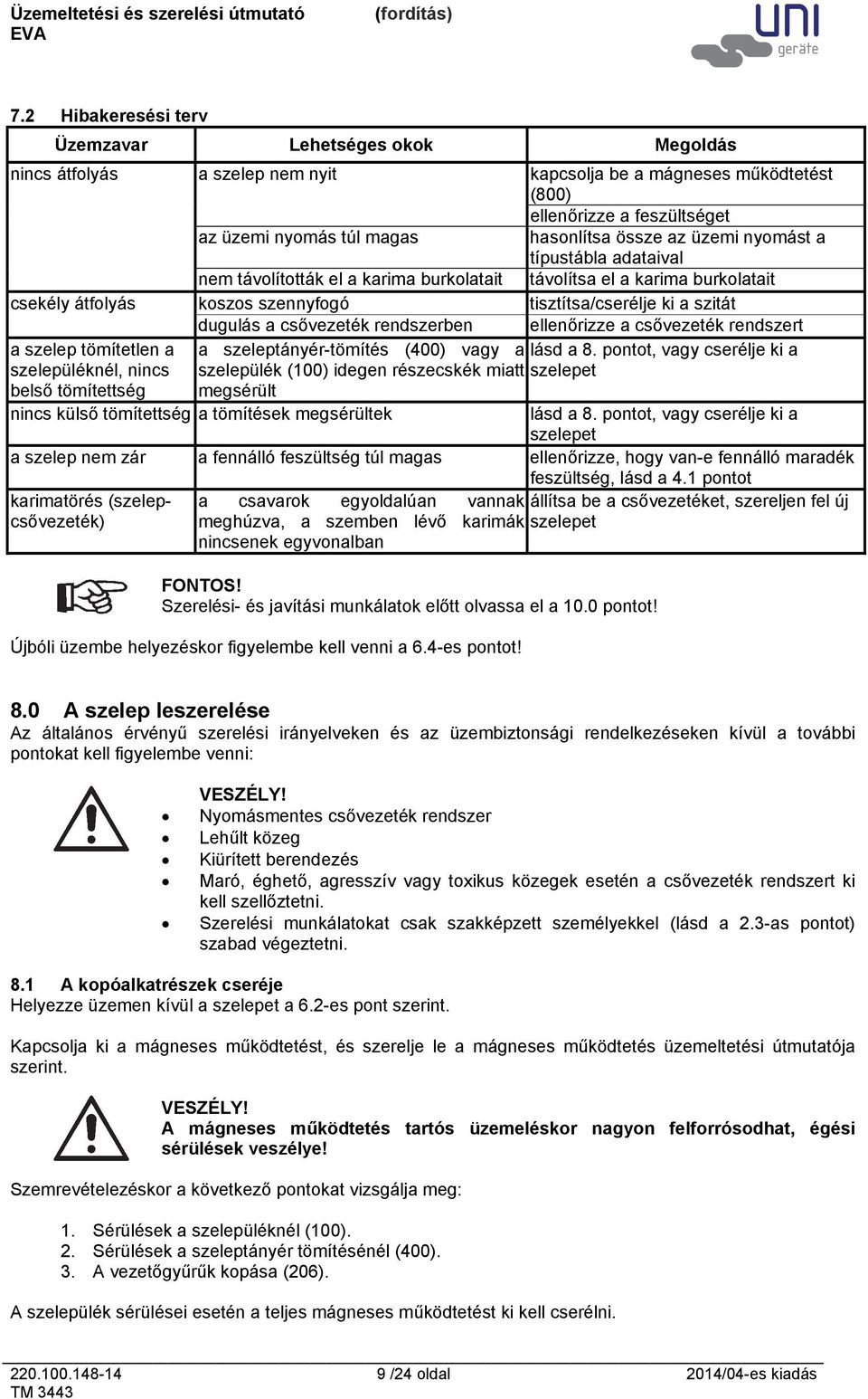 csővezeték rendszerben ellenőrizze a csővezeték rendszert a szelep tömítetlen a szelepüléknél, nincs a szeleptányér-tömítés (400) vagy a lásd a 8.