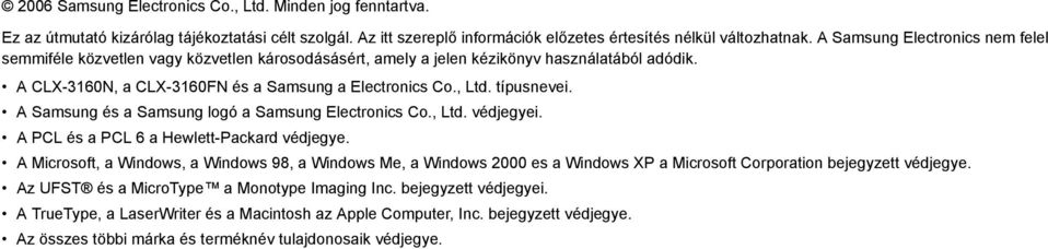 típusnevei. A Samsung és a Samsung logó a Samsung Electronics Co., Ltd. védjegyei. A PCL és a PCL 6 a Hewlett-Packard védjegye.