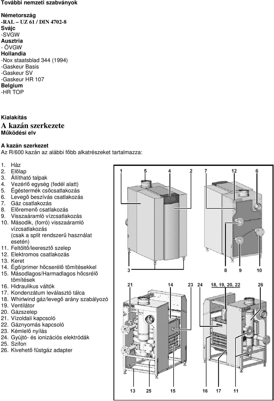 Égéstermék csőcsatlakozás 6. Levegő beszívás csatlakozás 7. Gáz csatlakozás 8. Előremenő csatlakozás 9. Visszaáramló vízcsatlakozás 10.