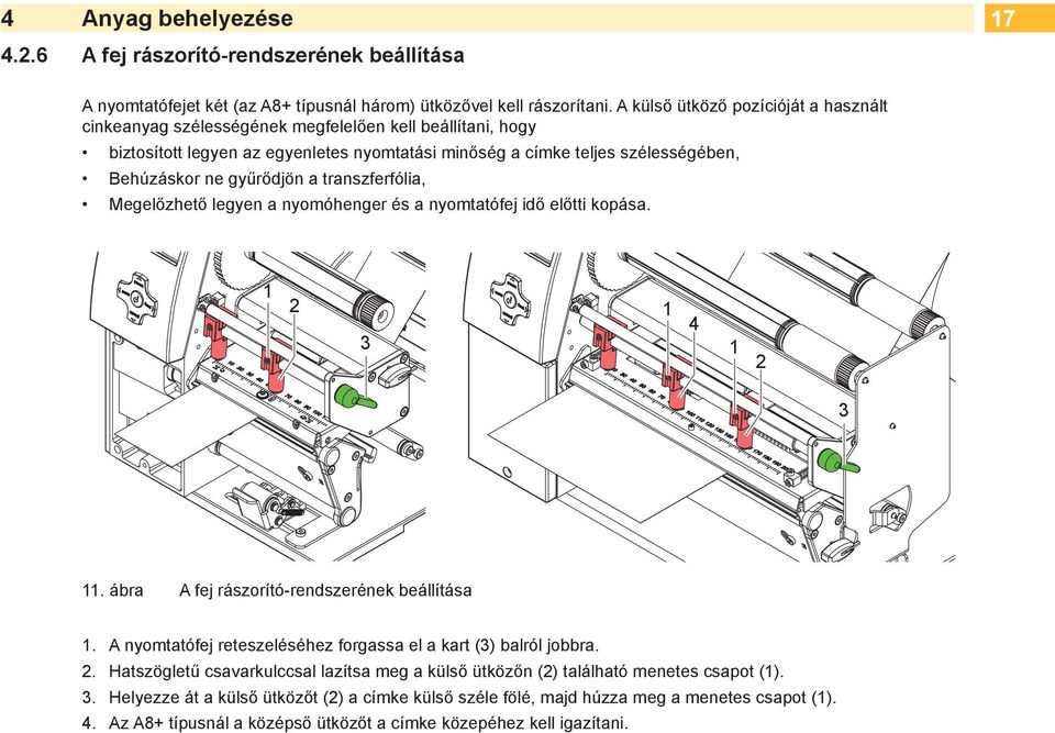 gyűrődjön a transzferfólia, Megelőzhető legyen a nyomóhenger és a nyomtatófej idő előtti kopása. 1 2 1 4 3 1 2 3 11. ábra A fej rászorító-rendszerének beállítása 1.