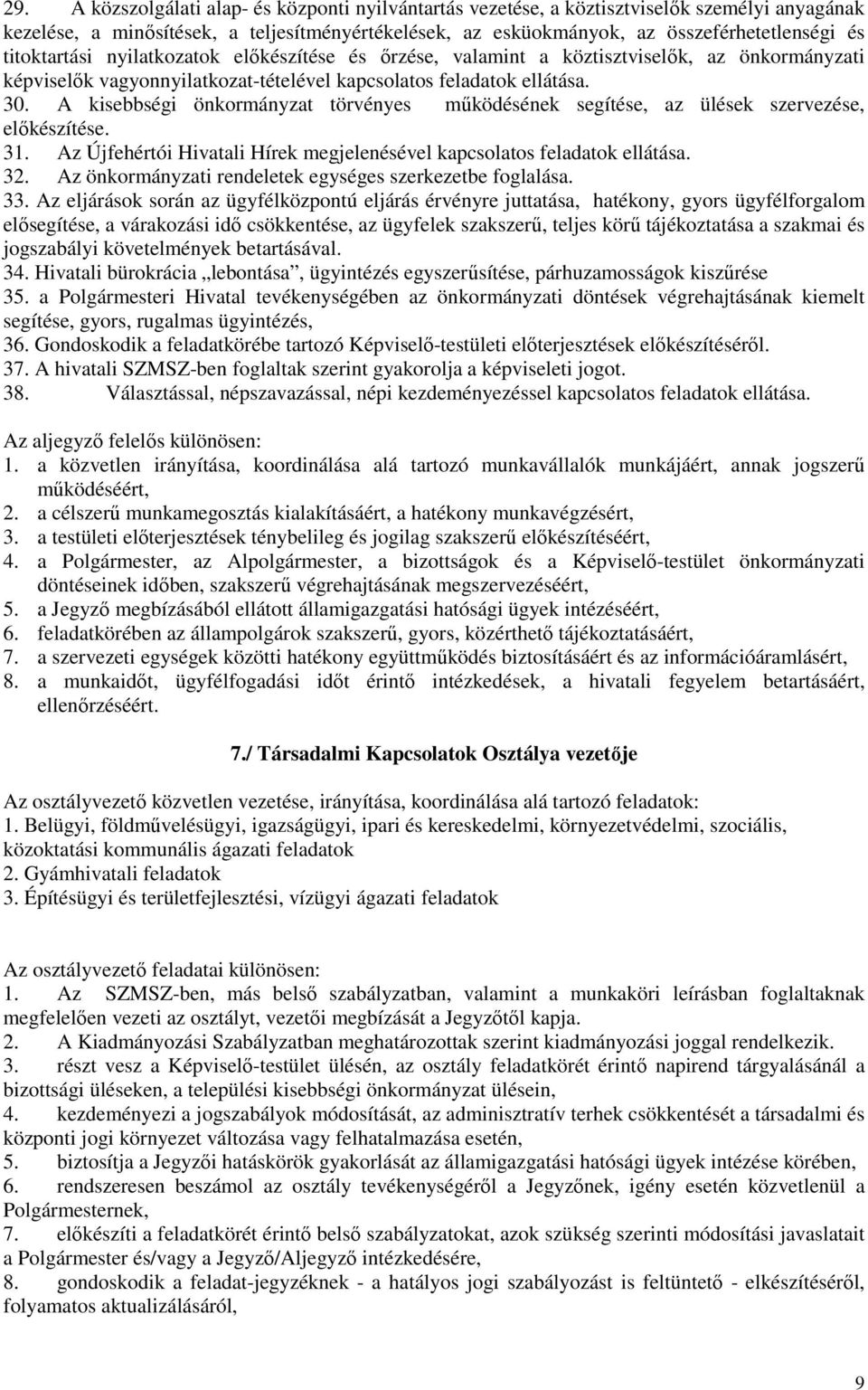 A kisebbségi önkormányzat törvényes működésének segítése, az ülések szervezése, előkészítése. 31. Az Újfehértói Hivatali Hírek megjelenésével kapcsolatos feladatok ellátása. 32.