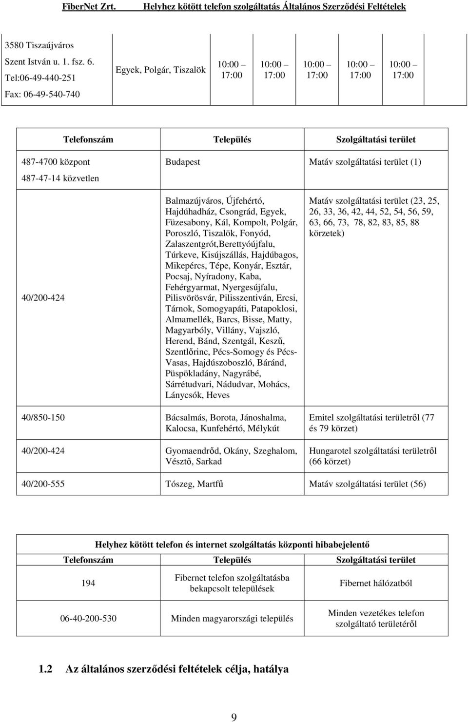 szolgáltatási terület (1) 40/200-424 Balmazújváros, Újfehértó, Hajdúhadház, Csongrád, Egyek, Füzesabony, Kál, Kompolt, Polgár, Poroszló, Tiszalök, Fonyód, Zalaszentgrót,Berettyóújfalu, Túrkeve,