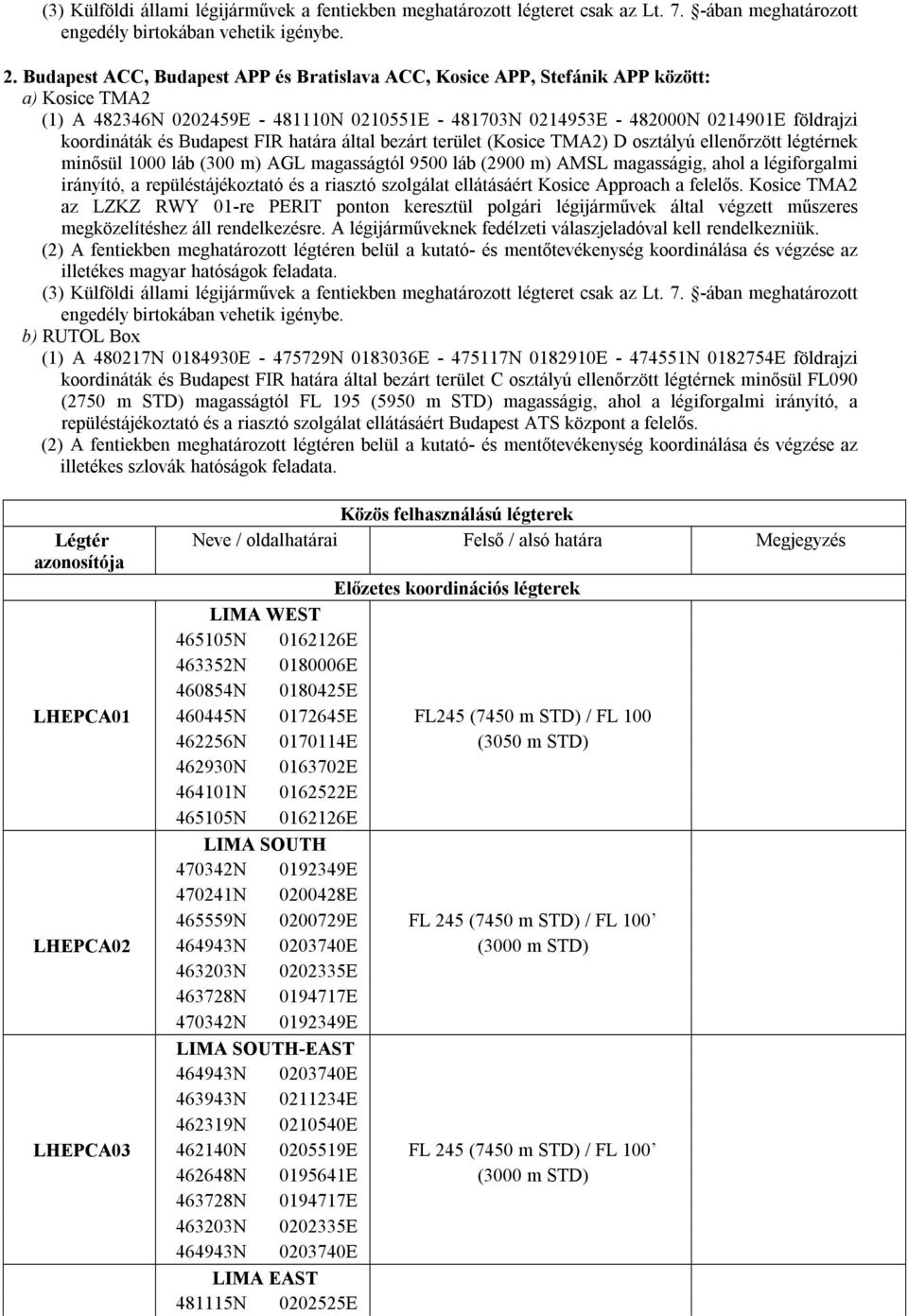 Budapest FIR határa által bezárt terület (Kosice TMA2) D osztályú ellenőrzött légtérnek minősül 1000 láb (300 m) AGL magasságtól 9500 láb (2900 m) AMSL magasságig, ahol a légiforgalmi irányító, a