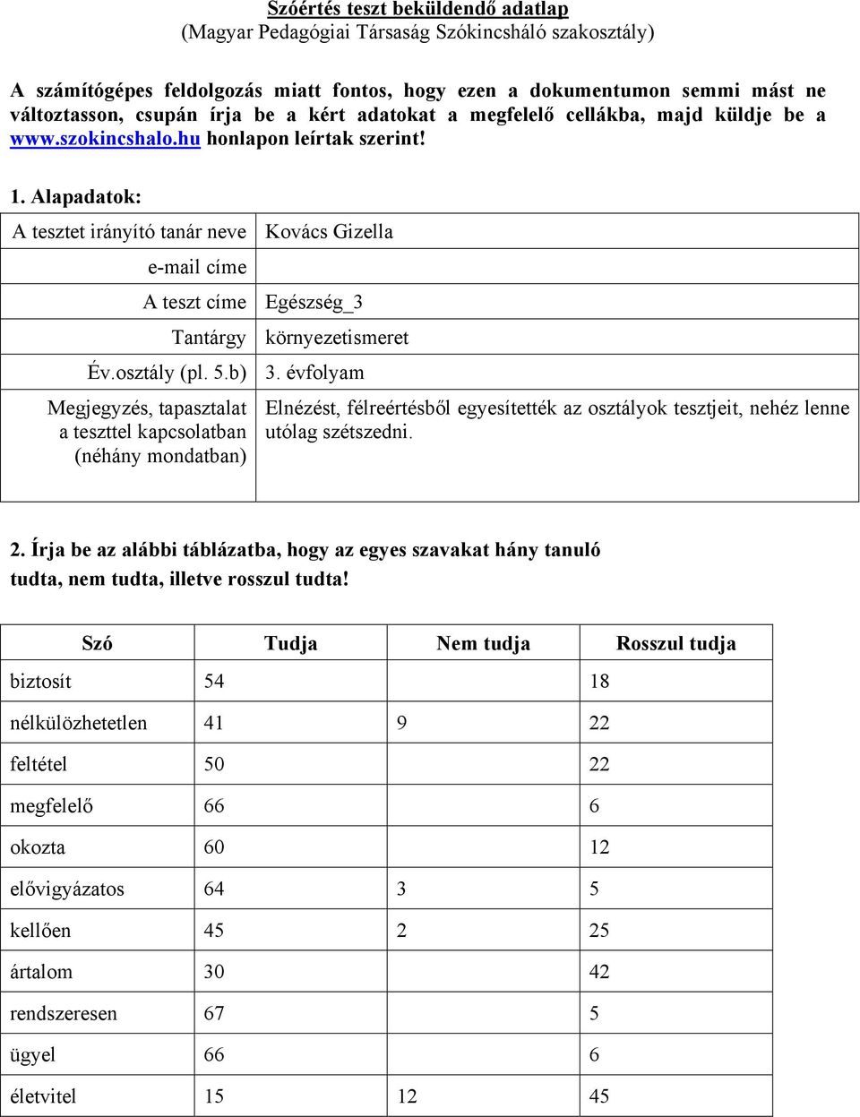 Alapadatok: A tesztet irányító tanár neve Kovács Gizella e-mail címe A teszt címe Egészség_3 Tantárgy környezetismeret Év.osztály (pl. 5.b) 3.