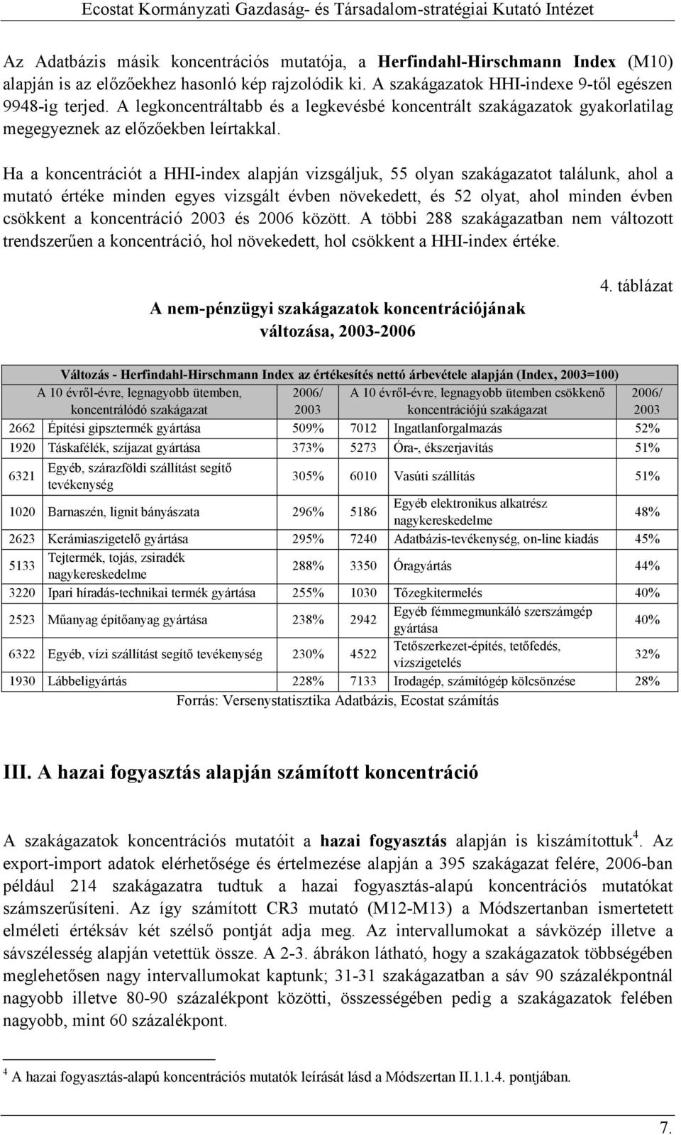 Ha a koncentrációt a HHI-index alapján vizsgáljuk, 55 olyan szakágazatot találunk, ahol a mutató értéke minden egyes vizsgált évben növekedett, és 52 olyat, ahol minden évben csökkent a koncentráció