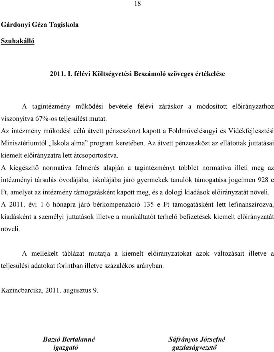 Az intézmény mûködési célú átvett pénzeszközt kapott a Földmûvelésügyi és Vidékfejlesztési Minisztériumtól Iskola alma program keretében.