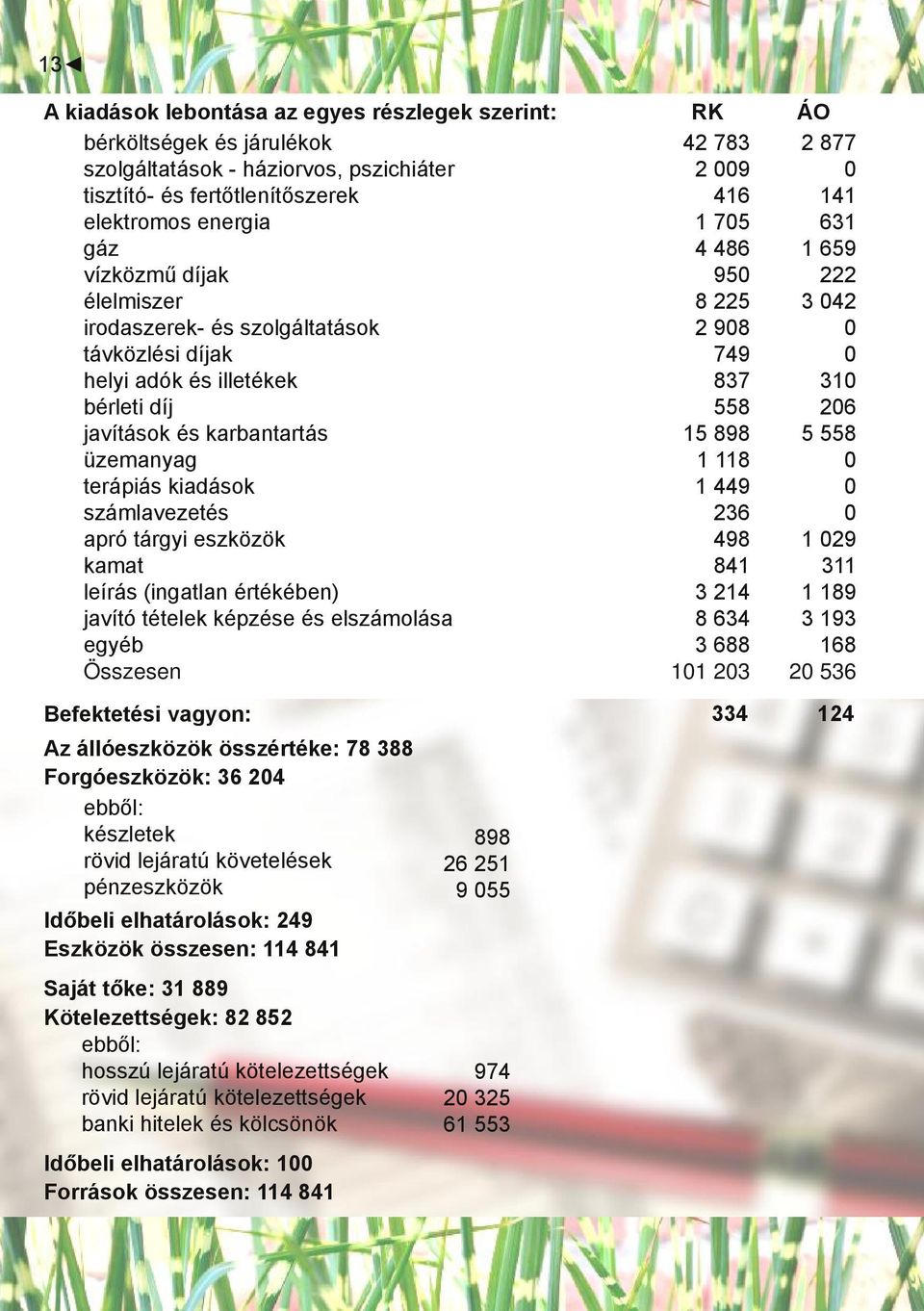 értékében) javító tételek képzése és elszámolása egyéb Összesen Befektetési vagyon: Az állóeszközök összértéke: 78 388 Forgóeszközök: 36 204 ebből: készletek rövid lejáratú követelések pénzeszközök