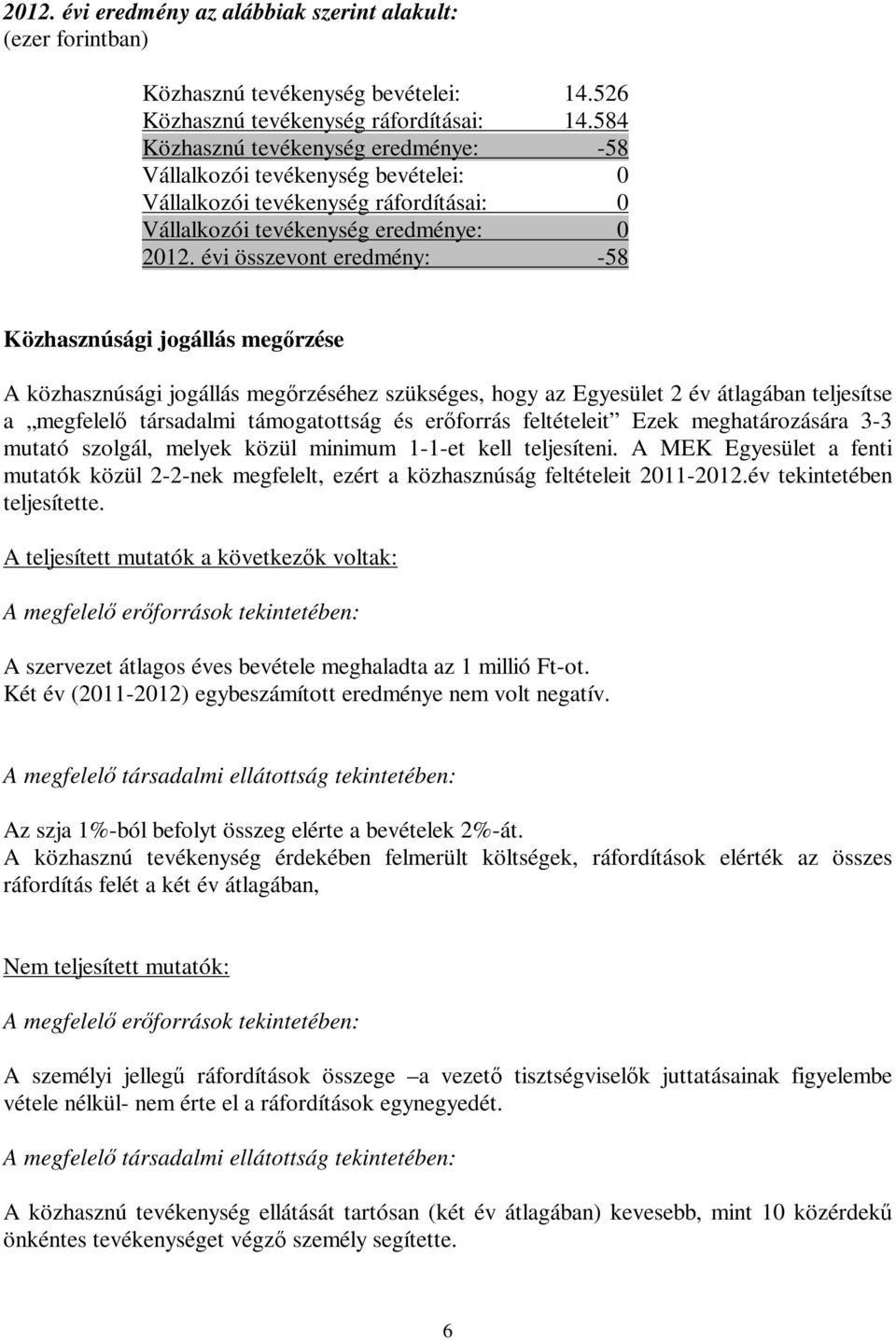 évi összevont eredmény: -58 Közhasznúsági jogállás megőrzése A közhasznúsági jogállás megőrzéséhez szükséges, hogy az Egyesület 2 év átlagában teljesítse a megfelelő társadalmi támogatottság és