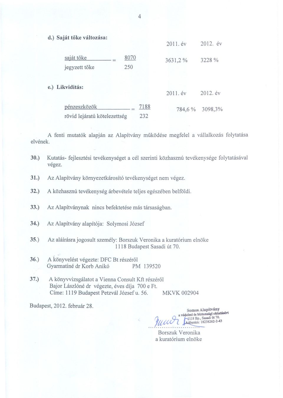 ) Az Alapítvány kömyezetkárosító tevékenységet nem végez. 32.) A közhasznú tevékenység árbevétele teljes egészében belföldi. 33.) Az Alapítványnak nincs befektetése más társaságban. 34.