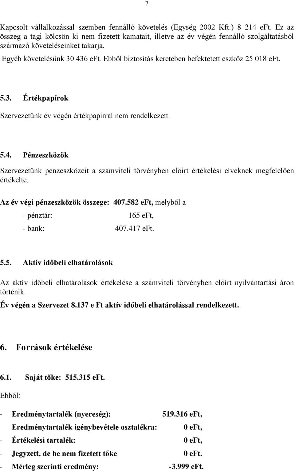 Ebből biztosítás keretében befektetett eszköz 25 018 eft. 5.3. Értékpapírok Szervezetünk év végén értékpapírral nem rendelkezett. 5.4.