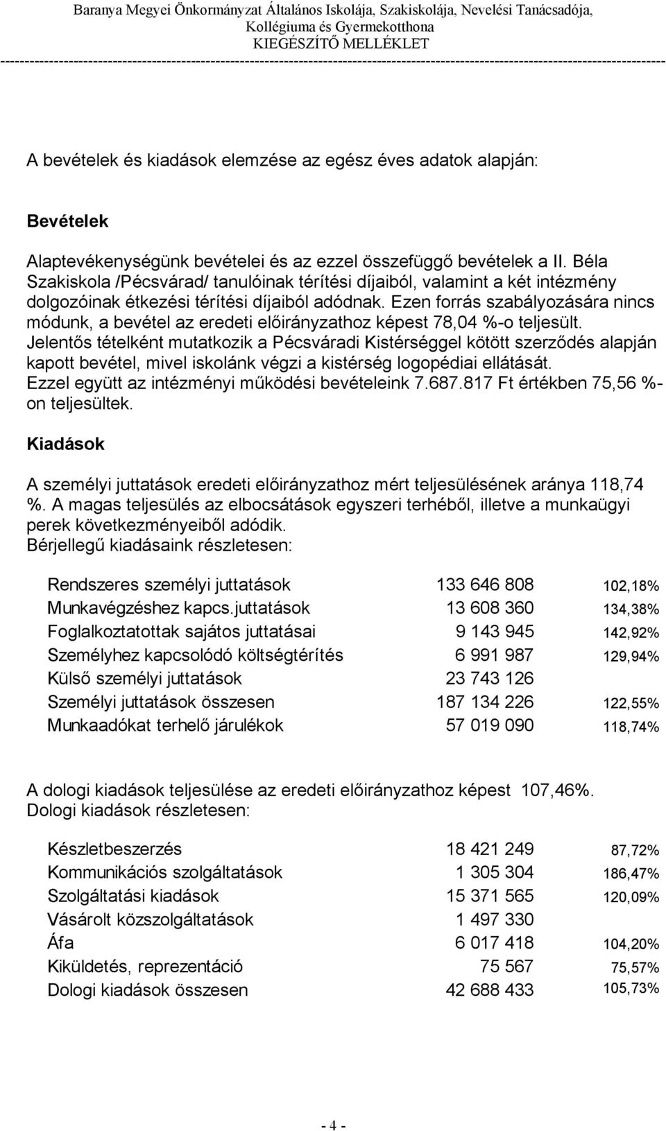 Ezen forrás szabályozására nincs módunk, a bevétel az eredeti előirányzathoz képest 78,04 %-o teljesült.