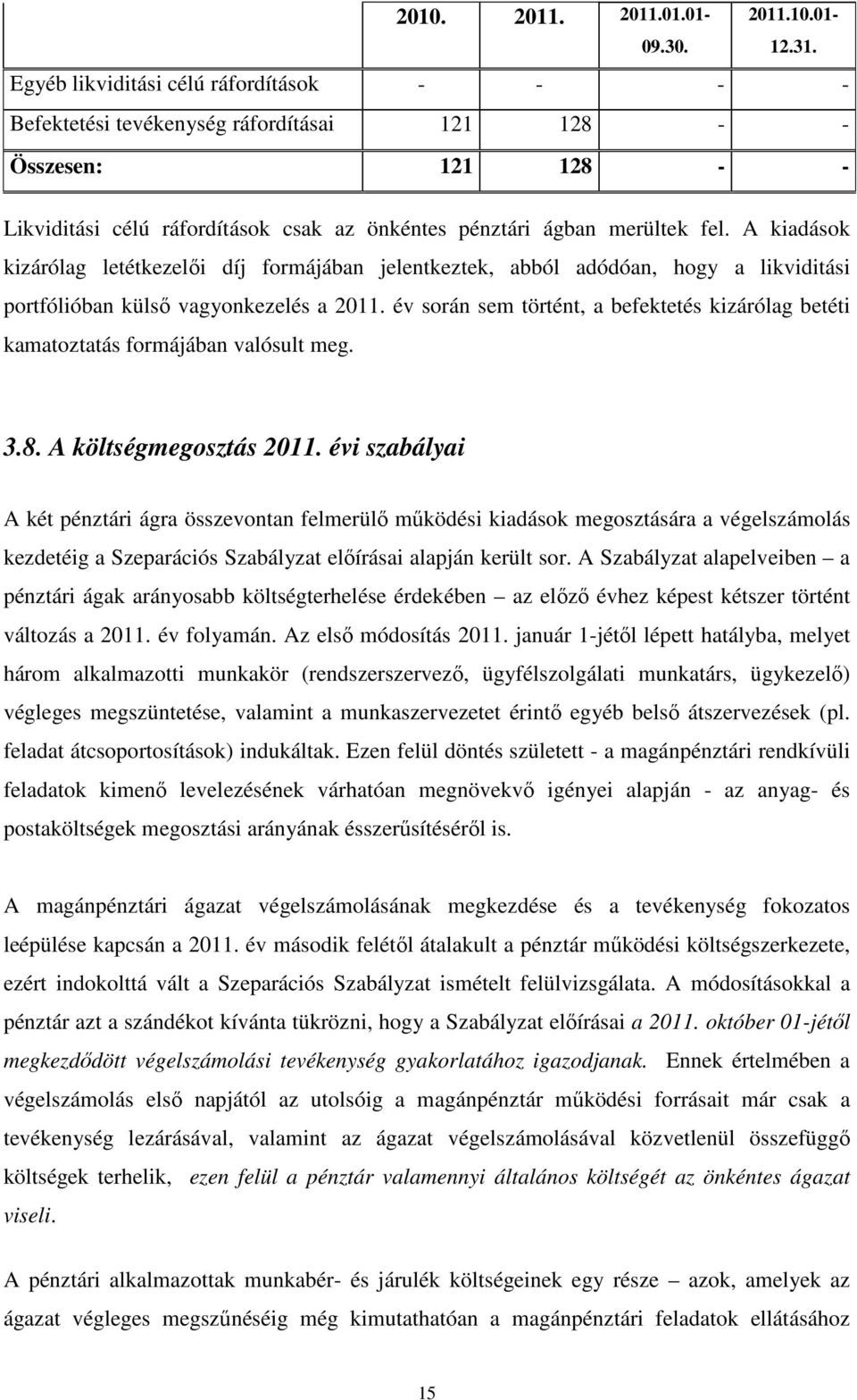 A kiadások kizárólag letétkezelői díj formájában jelentkeztek, abból adódóan, hogy a likviditási portfólióban külső vagyonkezelés a 2011.