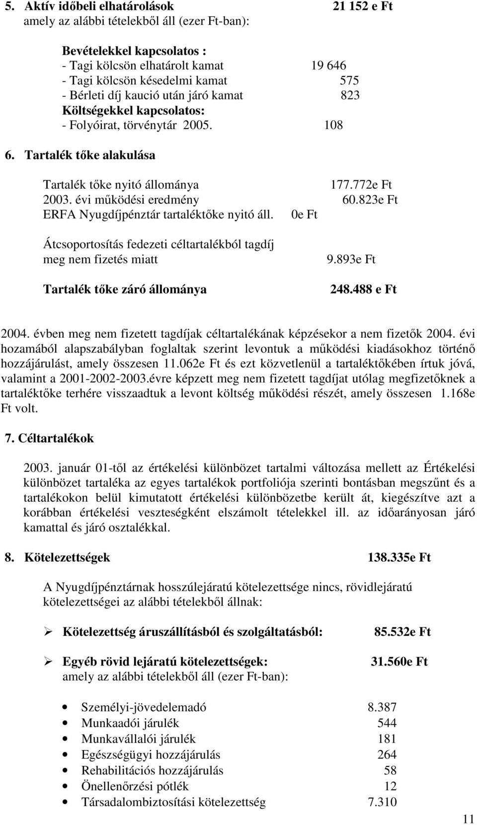 823e Ft ERFA Nyugdíjpénztár tartaléktke nyitó áll. e Ft Átcsoportosítás fedezeti céltartalékból tagdíj meg nem fizetés miatt Tartalék tke záró állománya 9.893e Ft 248.488 e Ft 24.